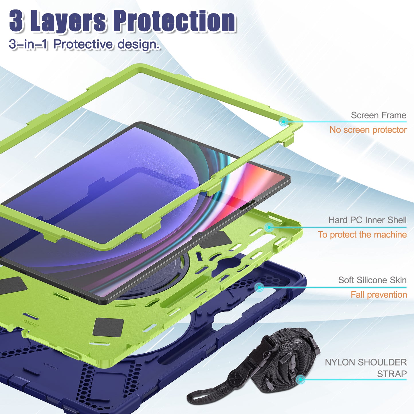 For Samsung Samsung Galaxy Tab S9 X910 / S8 Ultra X900 / X906 PC+Silicone Tablet Case Rotating Kickstand Cover with Shoulder Strap