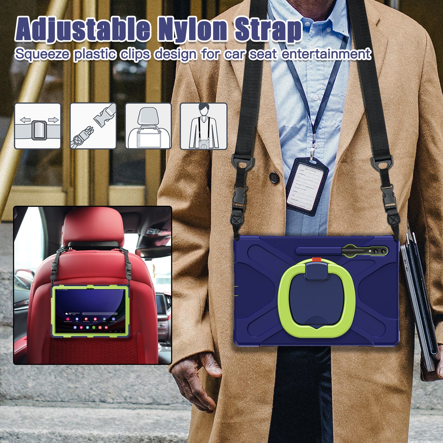 For Samsung Samsung Galaxy Tab S9 X910 / S8 Ultra X900 / X906 PC+Silicone Tablet Case Rotating Kickstand Cover with Shoulder Strap