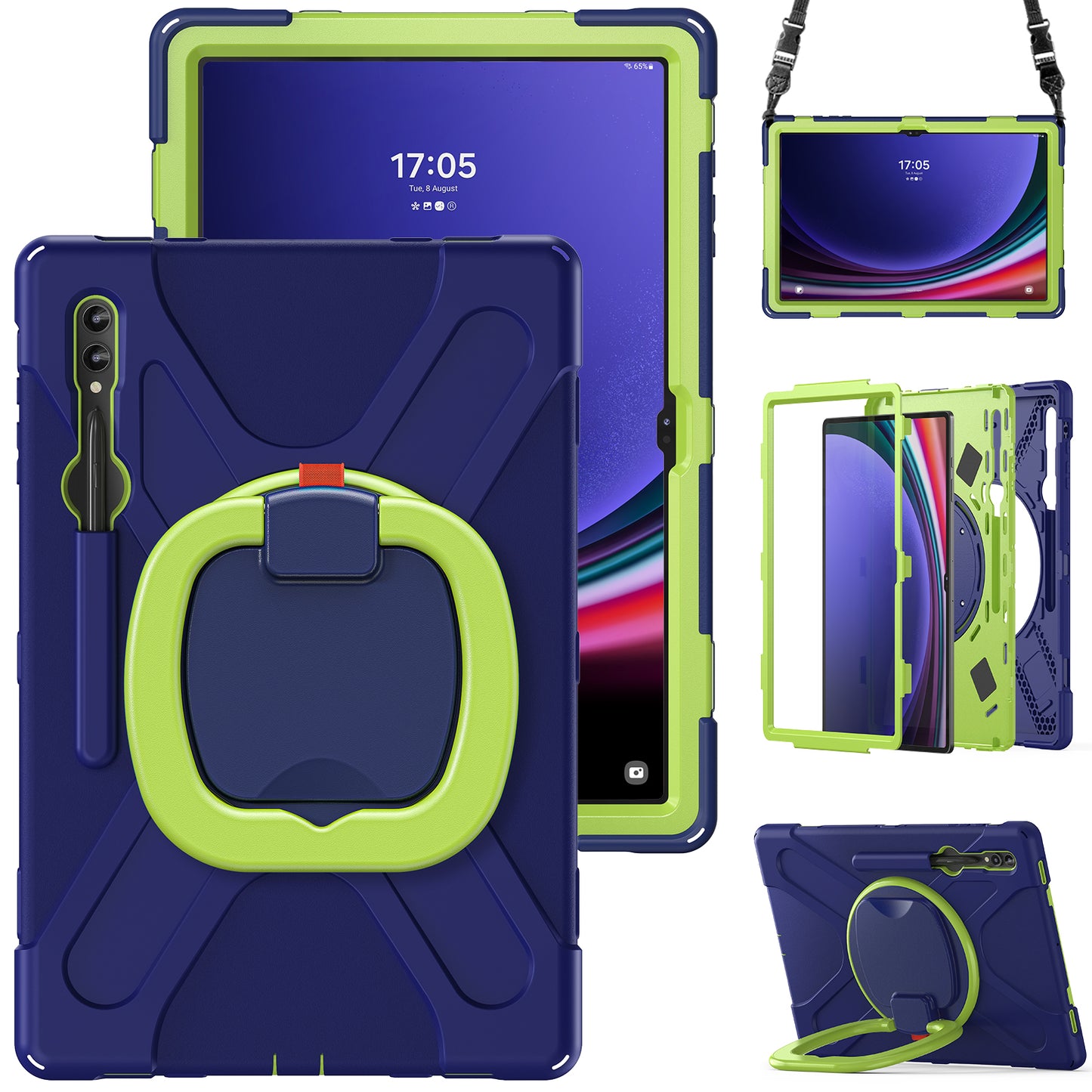 For Samsung Samsung Galaxy Tab S9 X910 / S8 Ultra X900 / X906 PC+Silicone Tablet Case Rotating Kickstand Cover with Shoulder Strap
