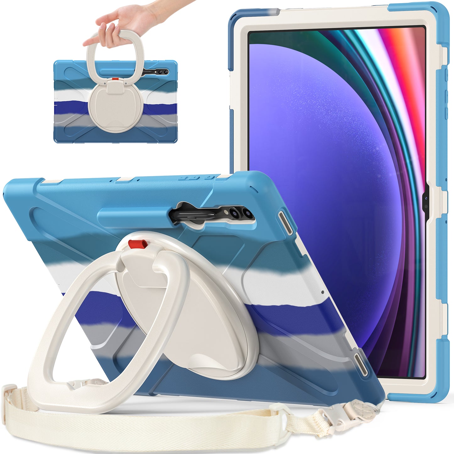 For Samsung Samsung Galaxy Tab S9 X910 / S8 Ultra X900 / X906 PC+Silicone Tablet Case Rotating Kickstand Cover with Shoulder Strap