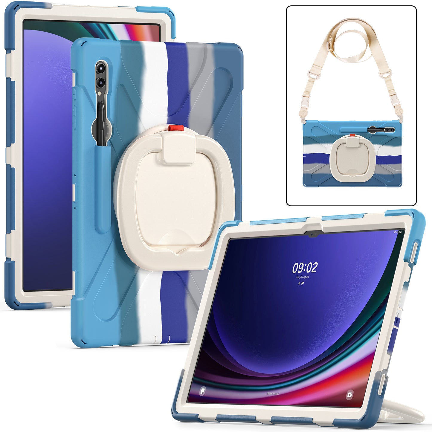 For Samsung Samsung Galaxy Tab S9 X910 / S8 Ultra X900 / X906 PC+Silicone Tablet Case Rotating Kickstand Cover with Shoulder Strap