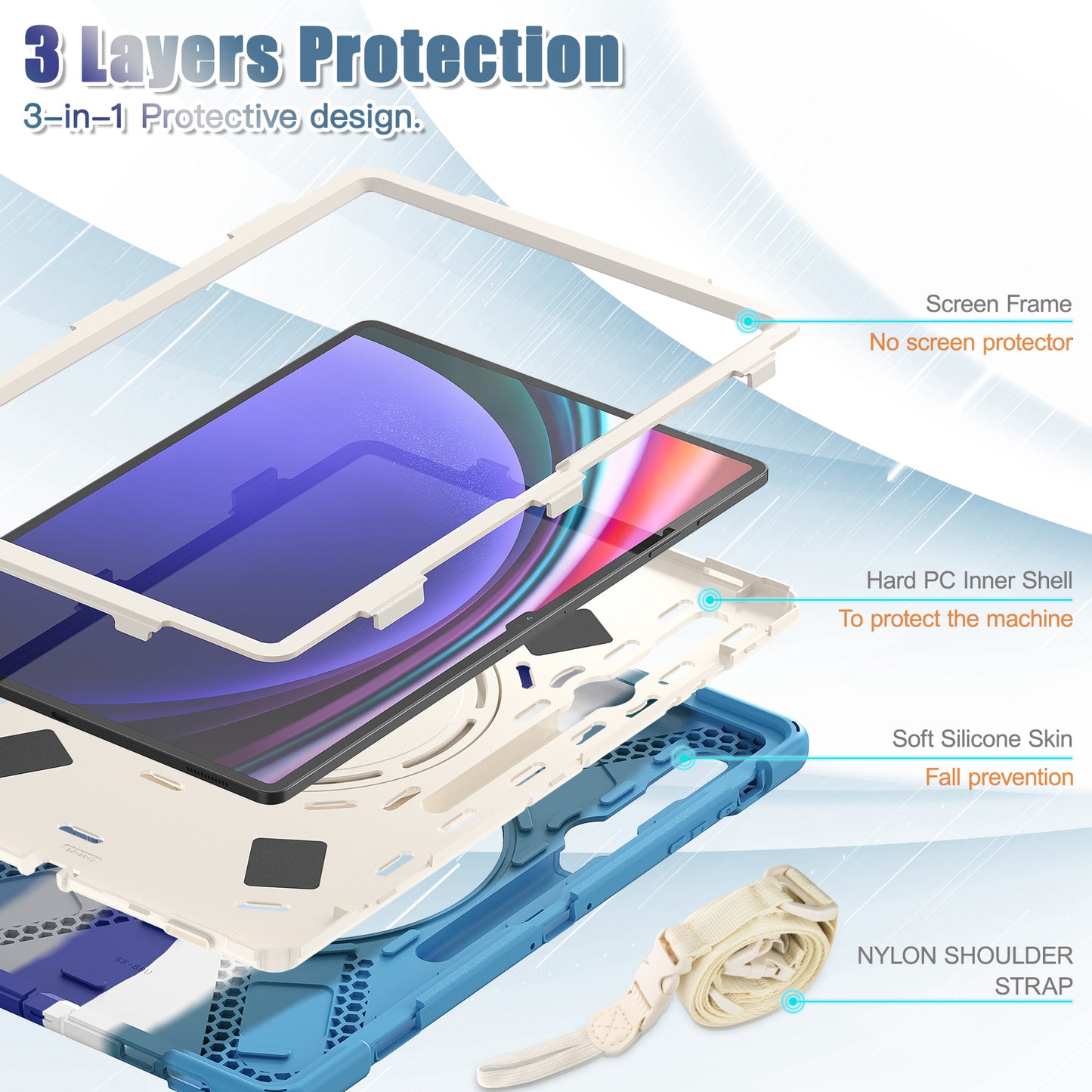 For Samsung Samsung Galaxy Tab S9 X910 / S8 Ultra X900 / X906 PC+Silicone Tablet Case Rotating Kickstand Cover with Shoulder Strap