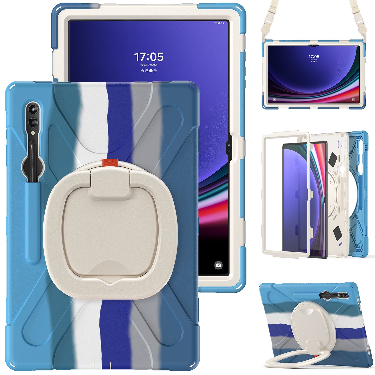 For Samsung Samsung Galaxy Tab S9 X910 / S8 Ultra X900 / X906 PC+Silicone Tablet Case Rotating Kickstand Cover with Shoulder Strap