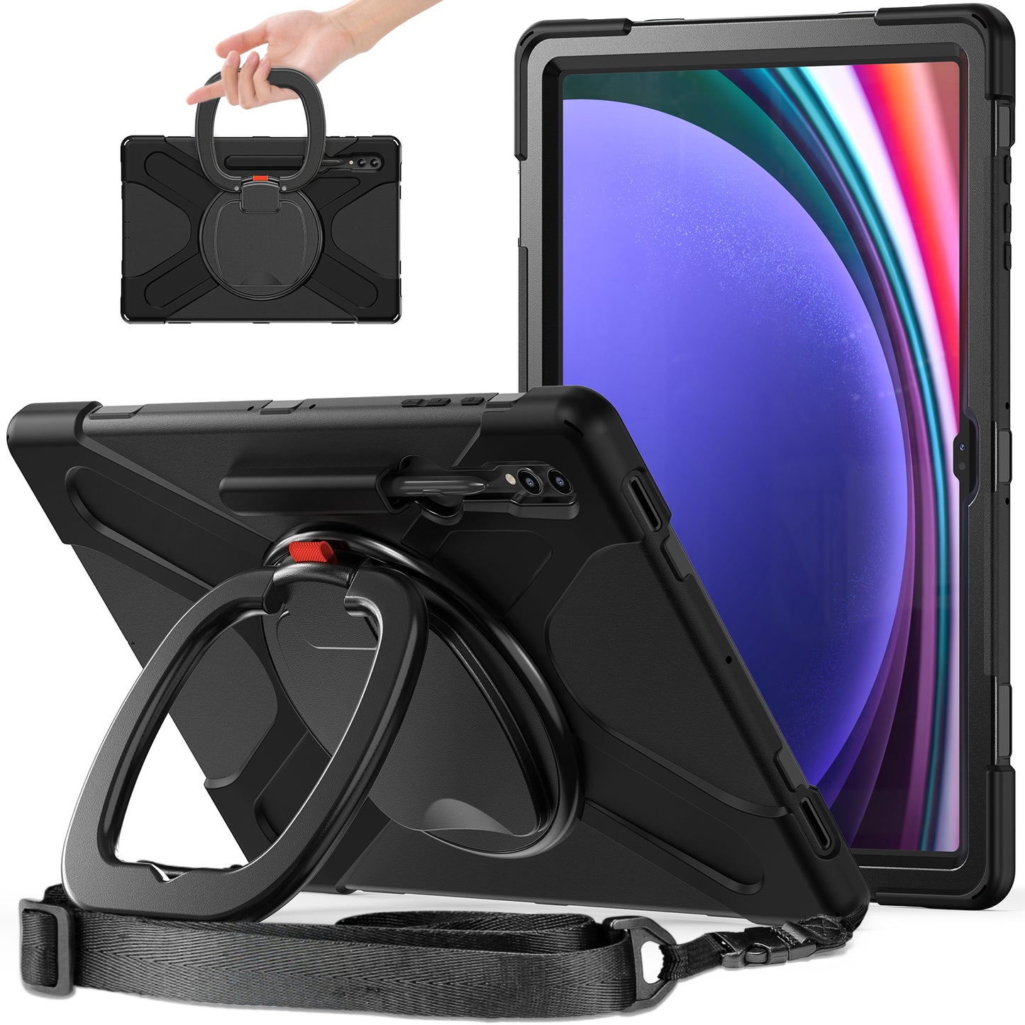 For Samsung Samsung Galaxy Tab S9 X910 / S8 Ultra X900 / X906 PC+Silicone Tablet Case Rotating Kickstand Cover with Shoulder Strap