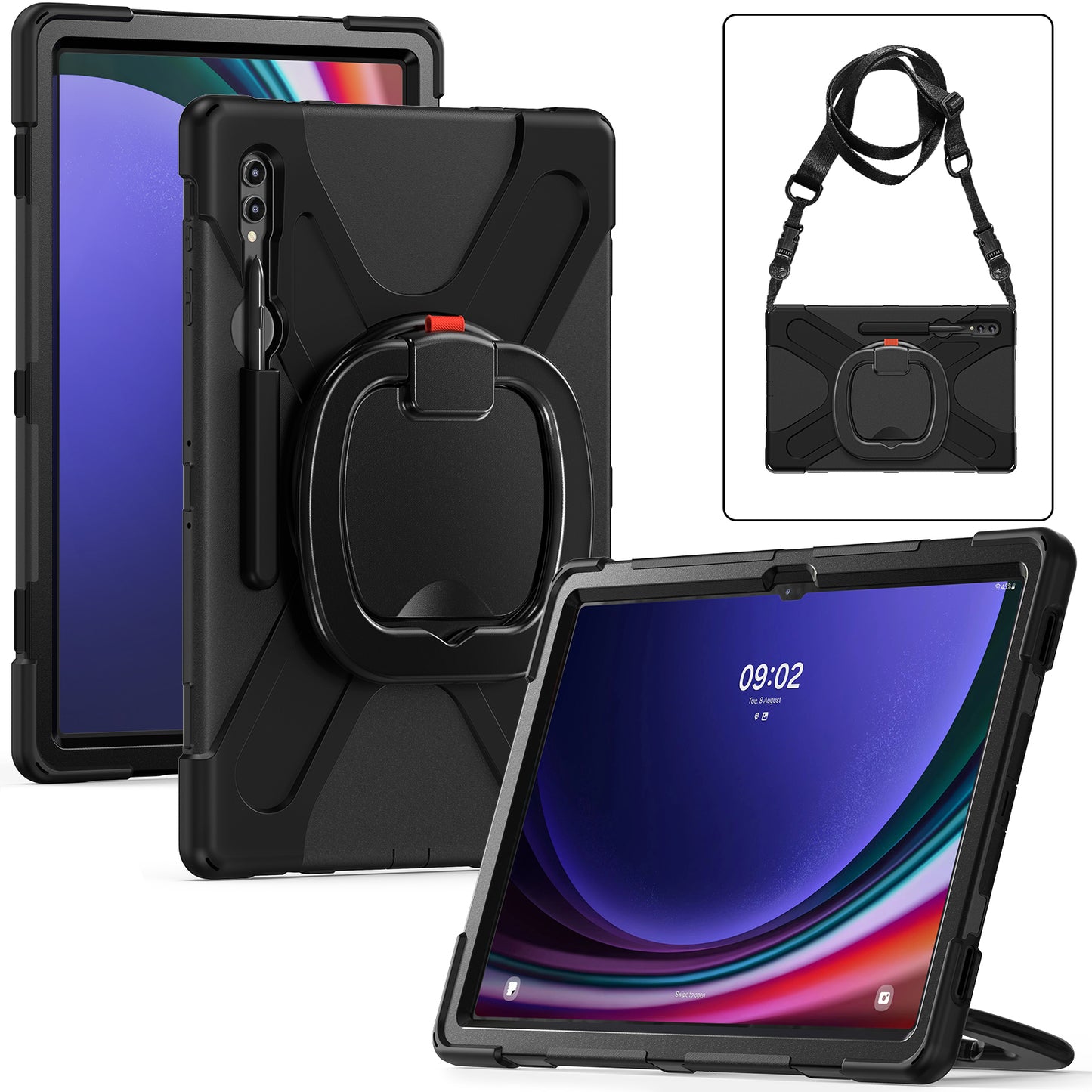 For Samsung Samsung Galaxy Tab S9 X910 / S8 Ultra X900 / X906 PC+Silicone Tablet Case Rotating Kickstand Cover with Shoulder Strap