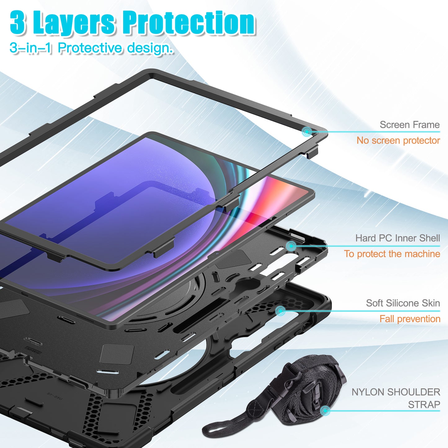 For Samsung Samsung Galaxy Tab S9 X910 / S8 Ultra X900 / X906 PC+Silicone Tablet Case Rotating Kickstand Cover with Shoulder Strap