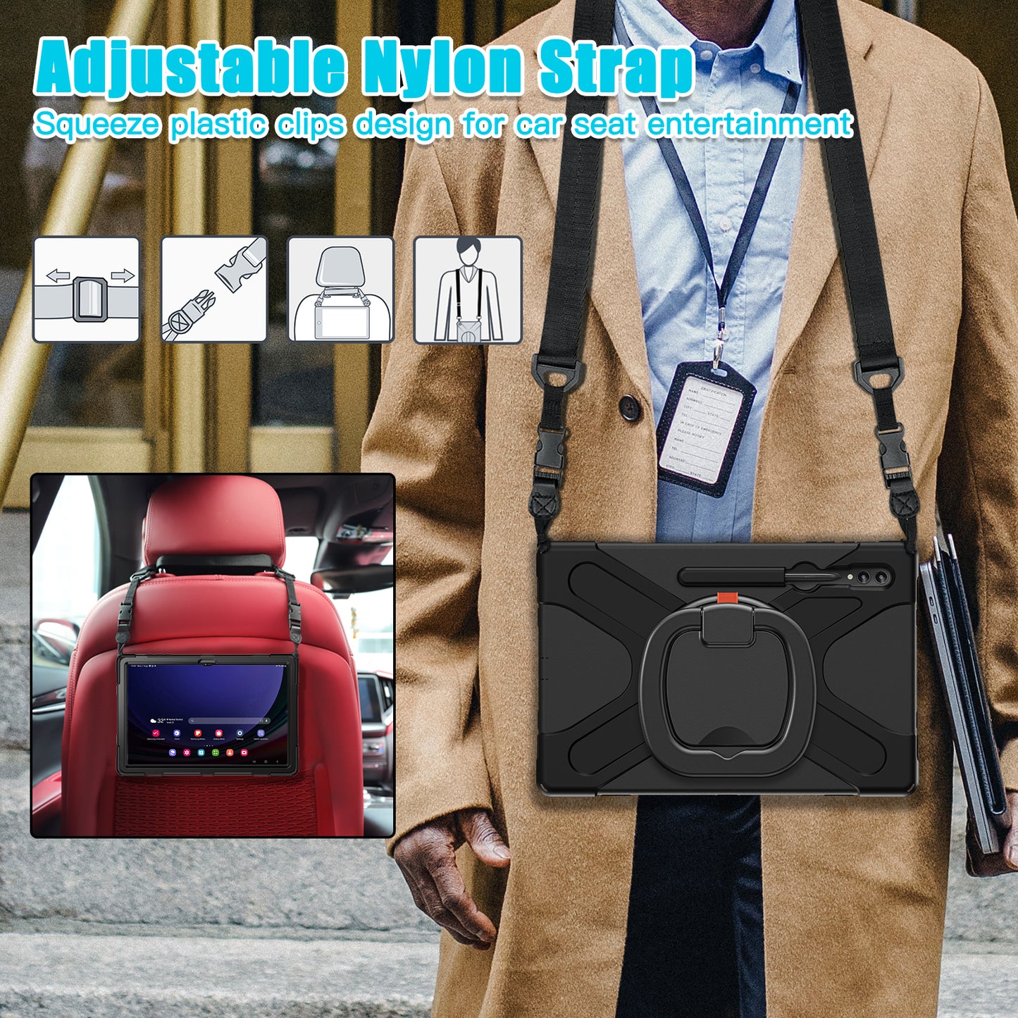 For Samsung Samsung Galaxy Tab S9 X910 / S8 Ultra X900 / X906 PC+Silicone Tablet Case Rotating Kickstand Cover with Shoulder Strap