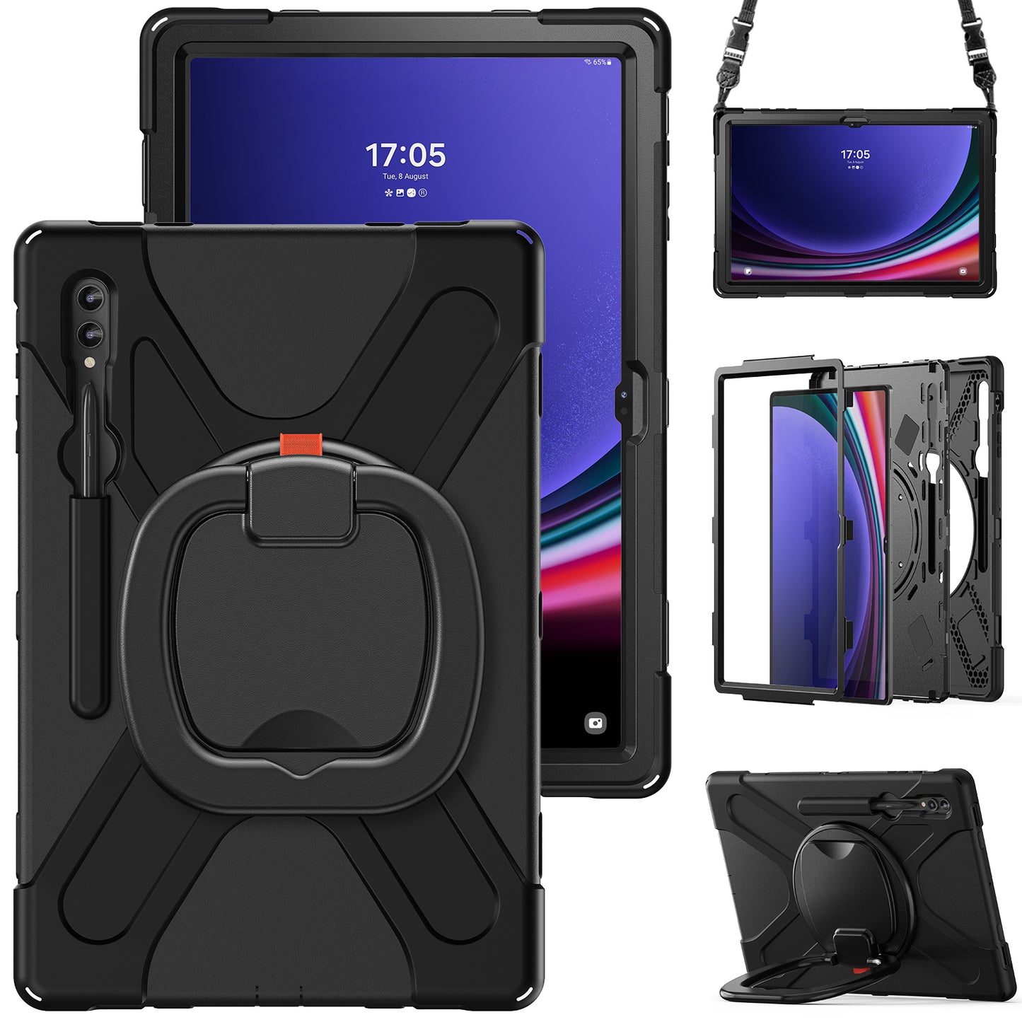 For Samsung Samsung Galaxy Tab S9 X910 / S8 Ultra X900 / X906 PC+Silicone Tablet Case Rotating Kickstand Cover with Shoulder Strap