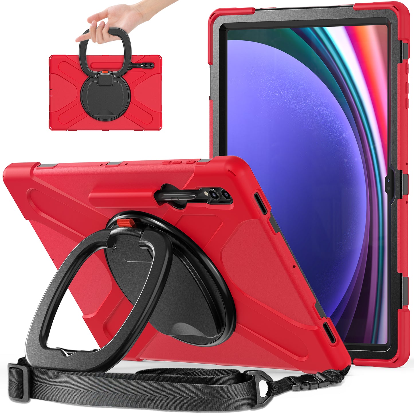 For Samsung Samsung Galaxy Tab S9 X910 / S8 Ultra X900 / X906 PC+Silicone Tablet Case Rotating Kickstand Cover with Shoulder Strap