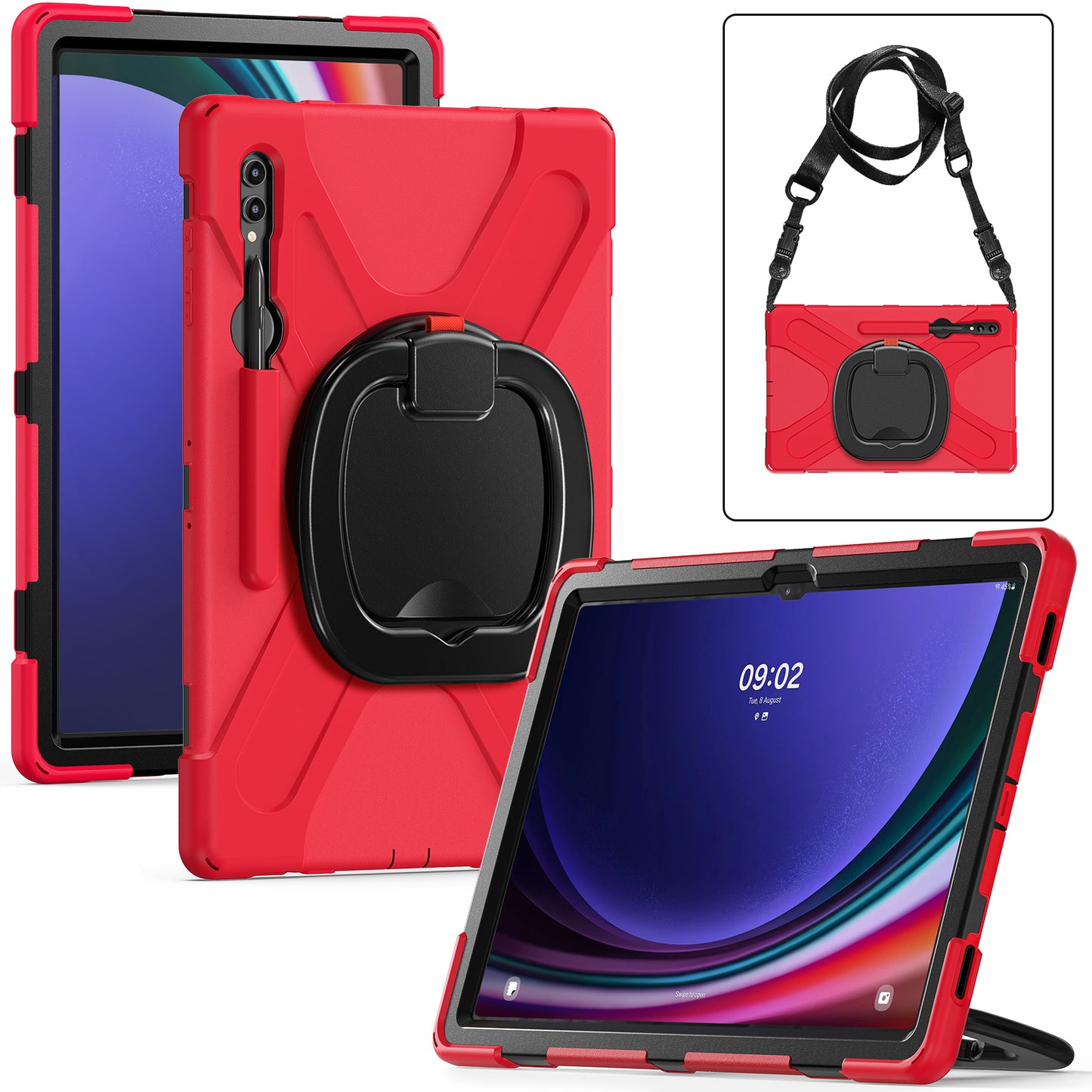For Samsung Samsung Galaxy Tab S9 X910 / S8 Ultra X900 / X906 PC+Silicone Tablet Case Rotating Kickstand Cover with Shoulder Strap