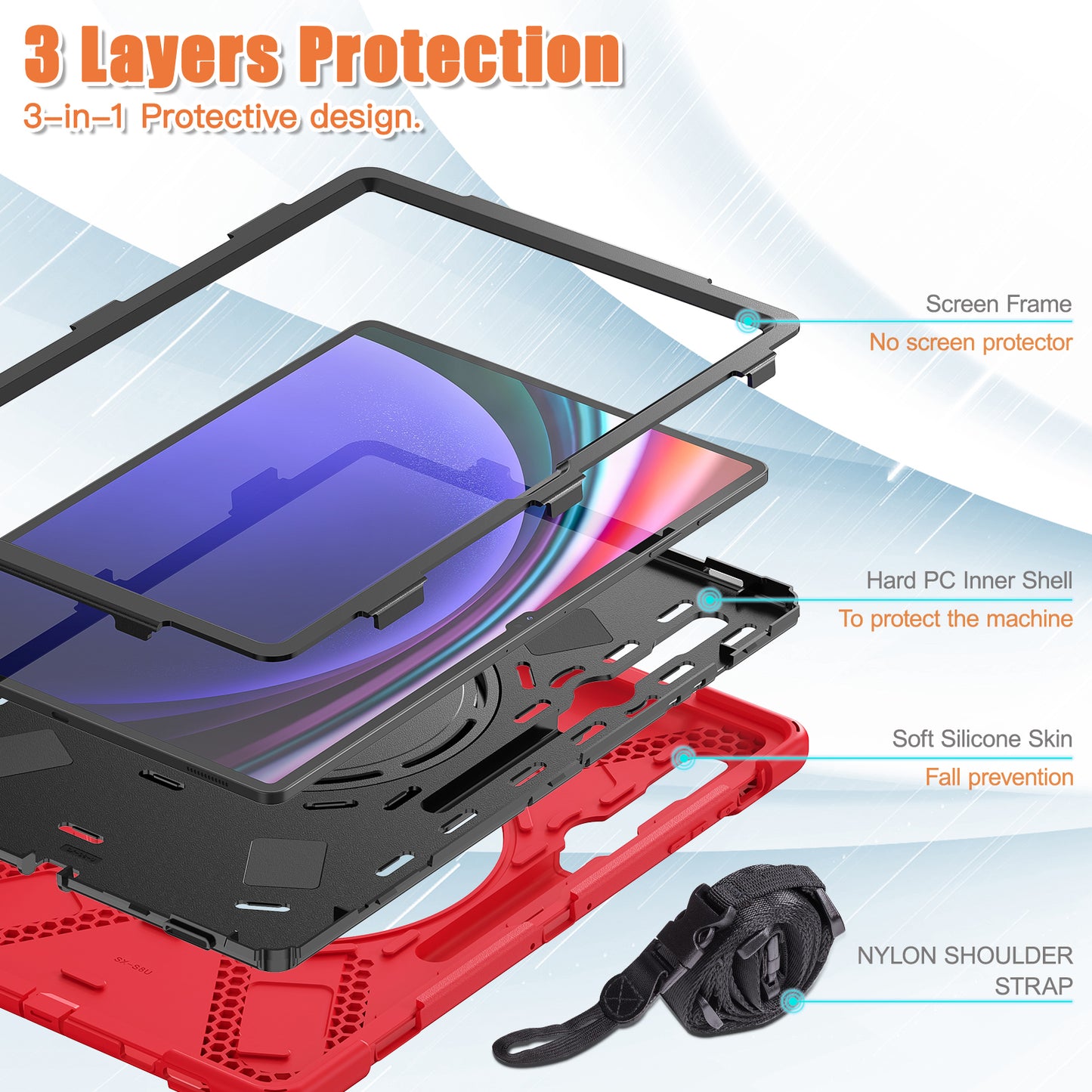 For Samsung Samsung Galaxy Tab S9 X910 / S8 Ultra X900 / X906 PC+Silicone Tablet Case Rotating Kickstand Cover with Shoulder Strap