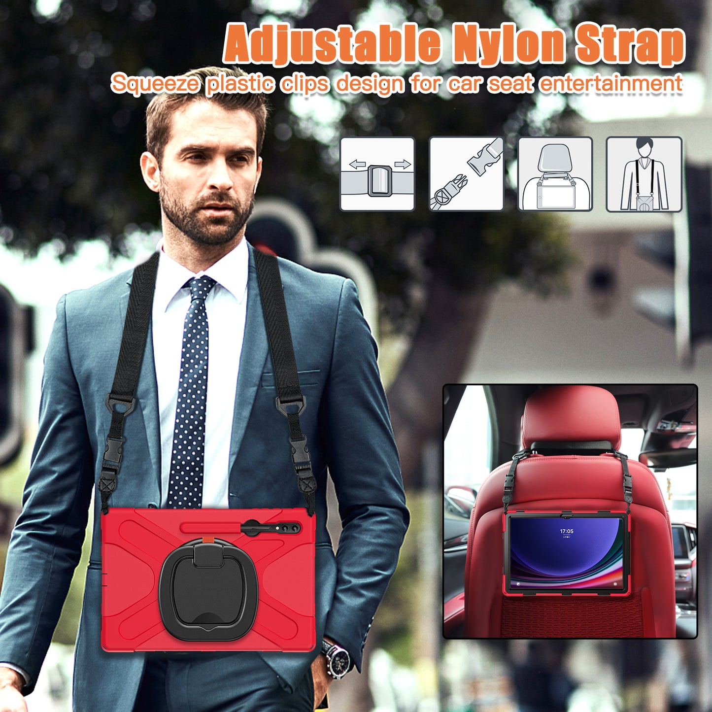 For Samsung Samsung Galaxy Tab S9 X910 / S8 Ultra X900 / X906 PC+Silicone Tablet Case Rotating Kickstand Cover with Shoulder Strap