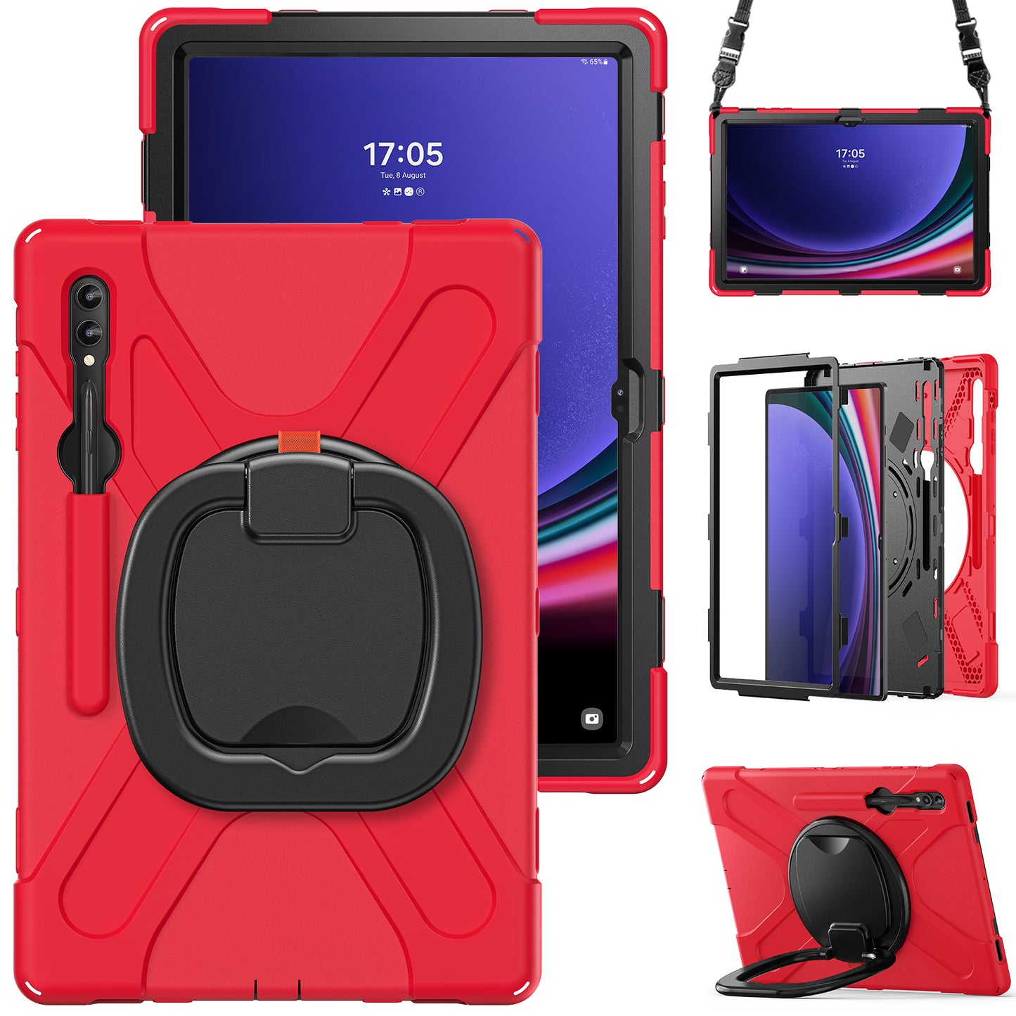 For Samsung Samsung Galaxy Tab S9 X910 / S8 Ultra X900 / X906 PC+Silicone Tablet Case Rotating Kickstand Cover with Shoulder Strap