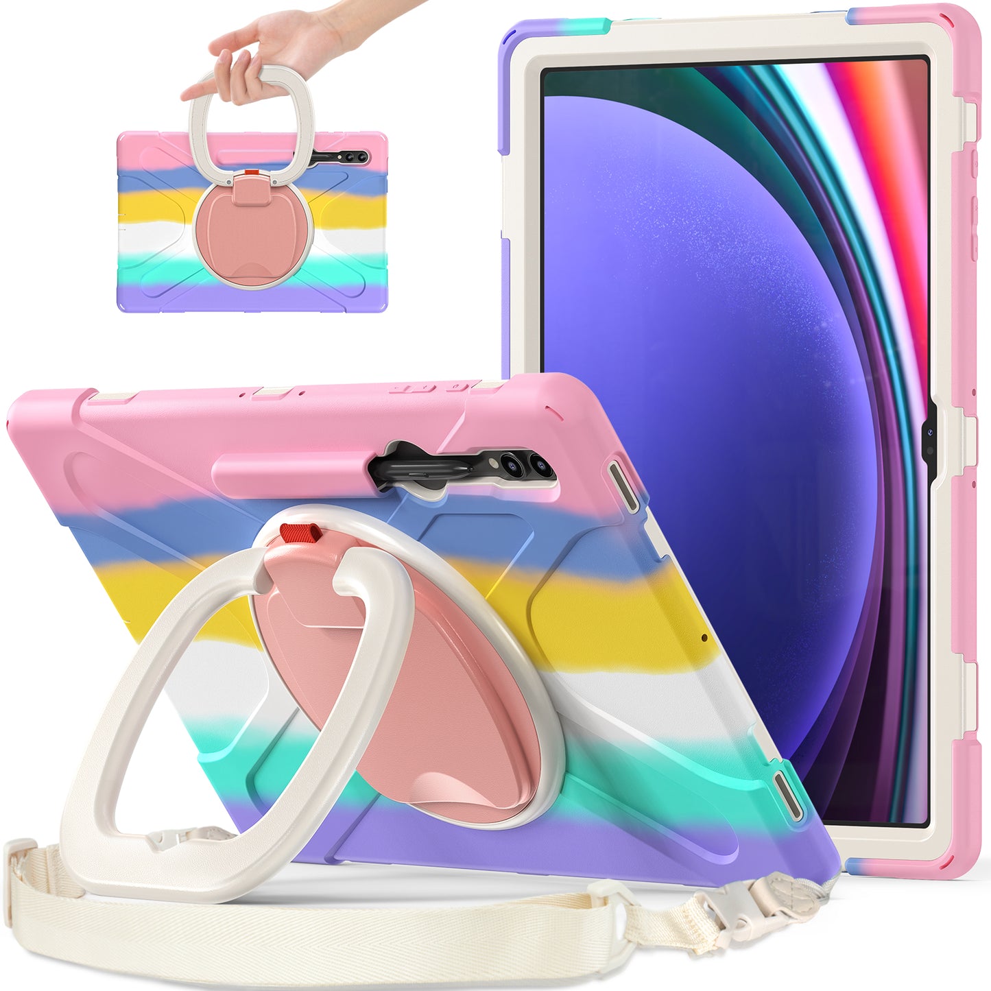 For Samsung Samsung Galaxy Tab S9 X910 / S8 Ultra X900 / X906 PC+Silicone Tablet Case Rotating Kickstand Cover with Shoulder Strap