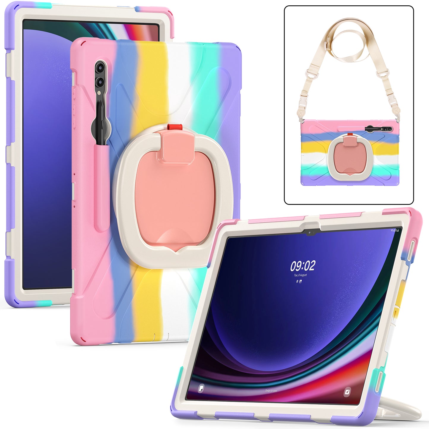 For Samsung Samsung Galaxy Tab S9 X910 / S8 Ultra X900 / X906 PC+Silicone Tablet Case Rotating Kickstand Cover with Shoulder Strap