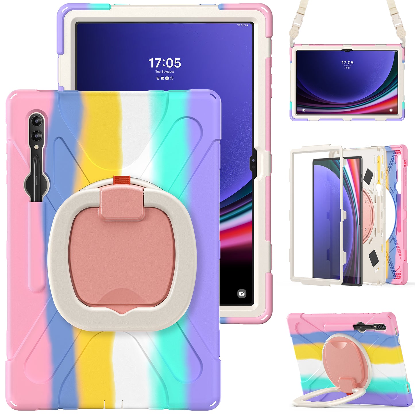For Samsung Samsung Galaxy Tab S9 X910 / S8 Ultra X900 / X906 PC+Silicone Tablet Case Rotating Kickstand Cover with Shoulder Strap