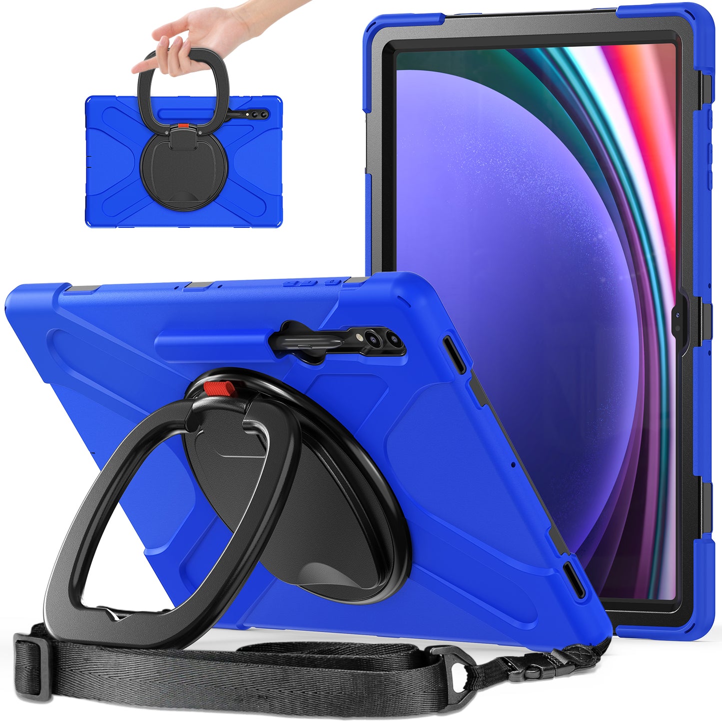For Samsung Samsung Galaxy Tab S9 X910 / S8 Ultra X900 / X906 PC+Silicone Tablet Case Rotating Kickstand Cover with Shoulder Strap