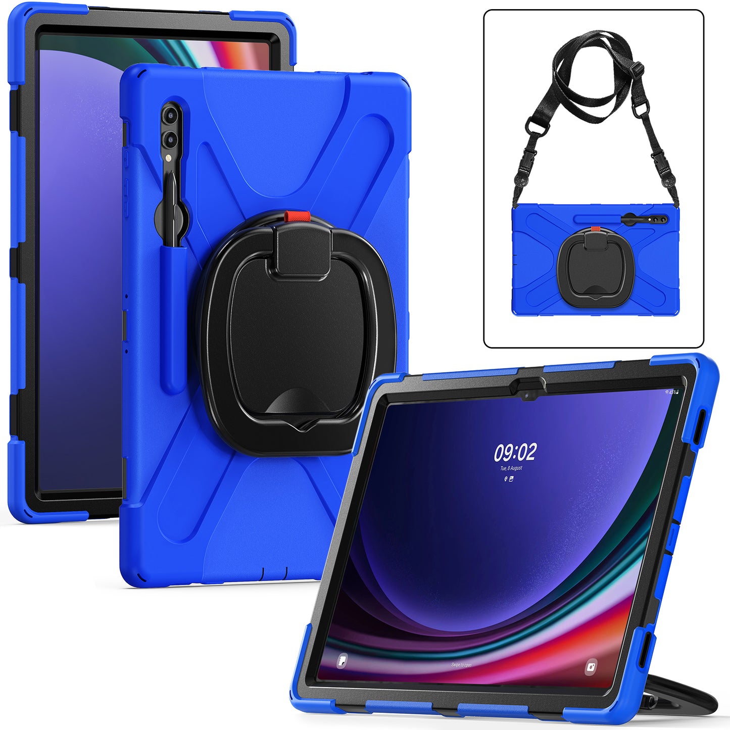For Samsung Samsung Galaxy Tab S9 X910 / S8 Ultra X900 / X906 PC+Silicone Tablet Case Rotating Kickstand Cover with Shoulder Strap