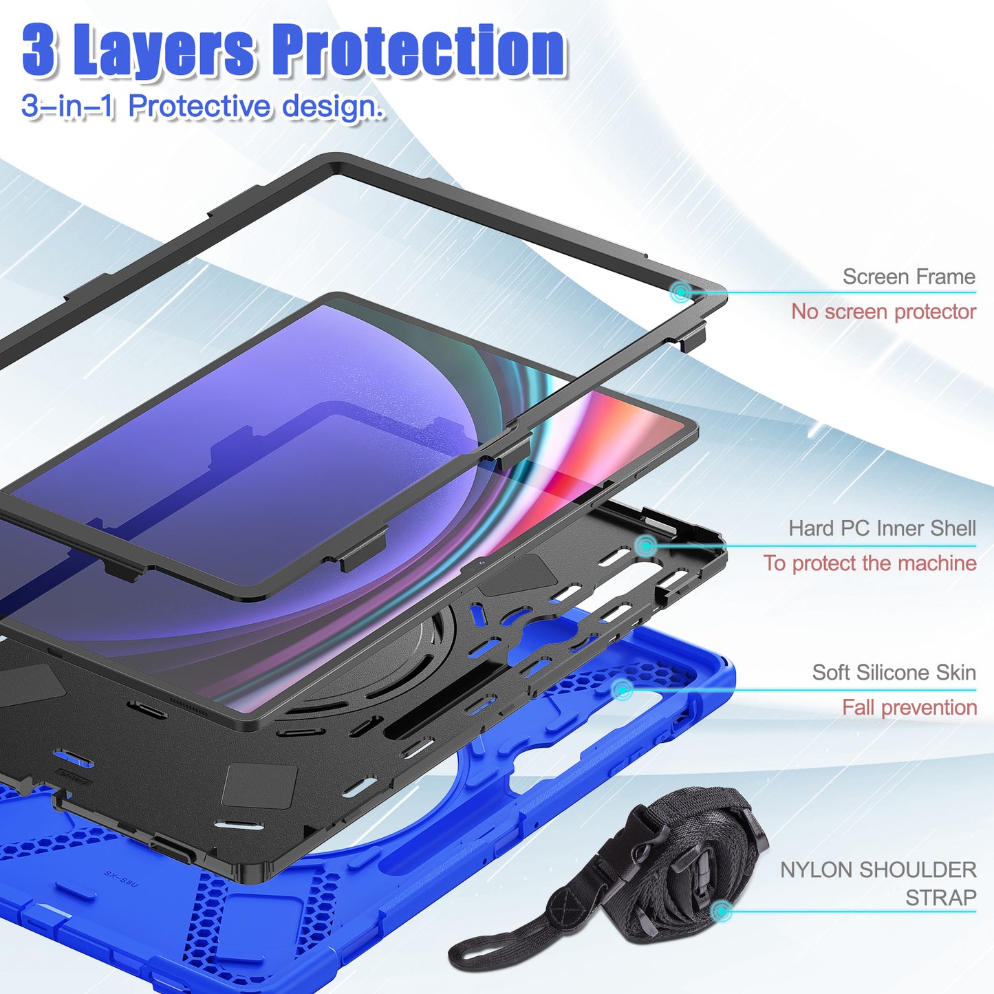 For Samsung Samsung Galaxy Tab S9 X910 / S8 Ultra X900 / X906 PC+Silicone Tablet Case Rotating Kickstand Cover with Shoulder Strap