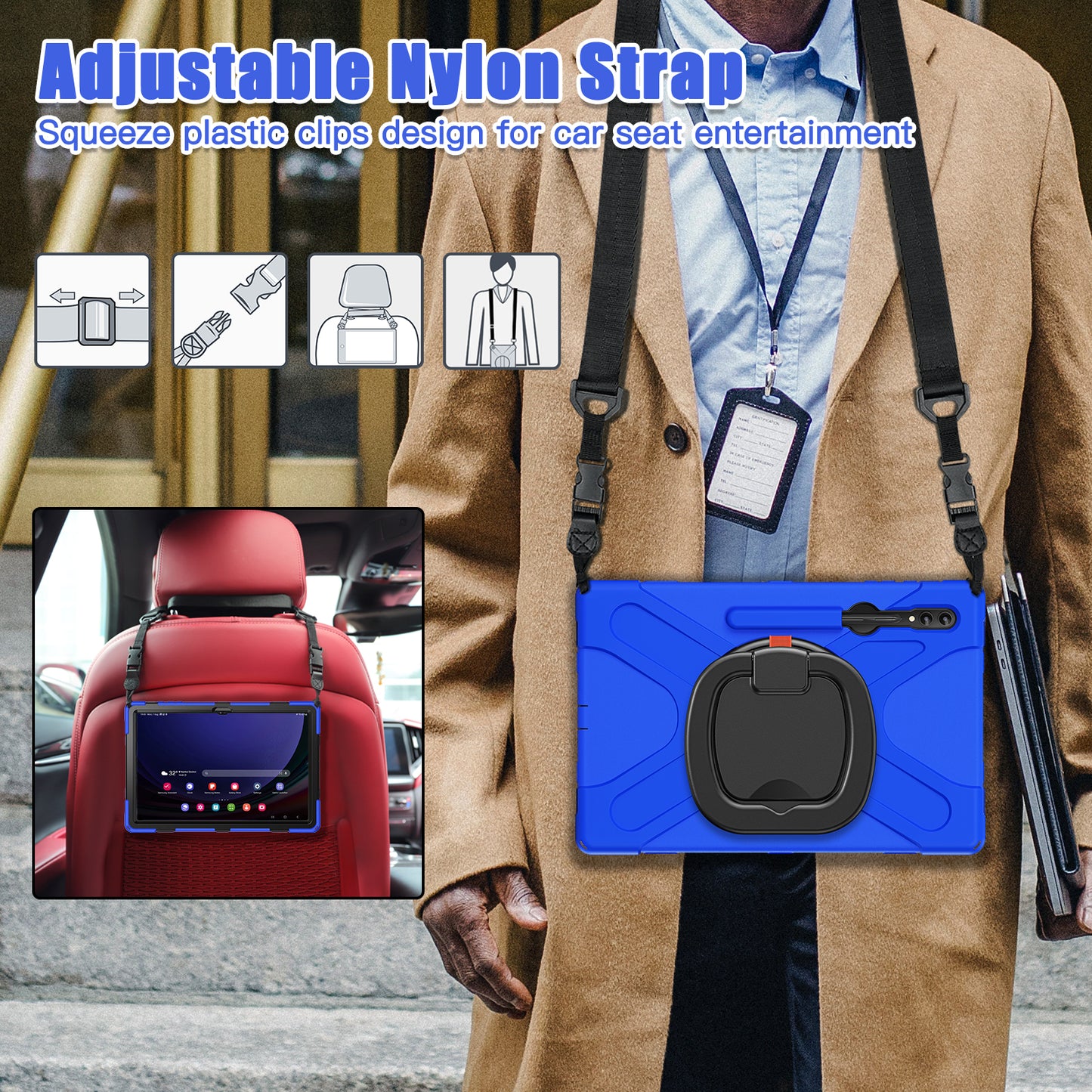 For Samsung Samsung Galaxy Tab S9 X910 / S8 Ultra X900 / X906 PC+Silicone Tablet Case Rotating Kickstand Cover with Shoulder Strap