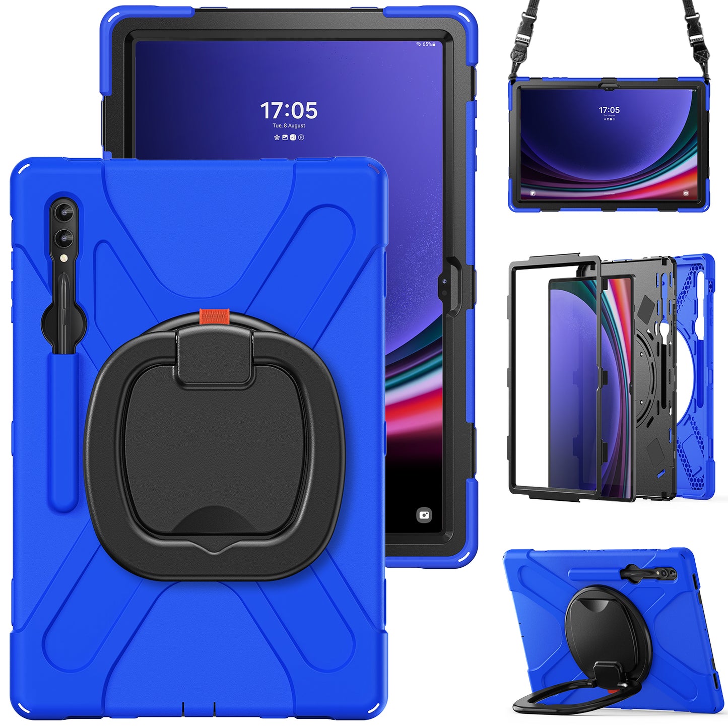 For Samsung Samsung Galaxy Tab S9 X910 / S8 Ultra X900 / X906 PC+Silicone Tablet Case Rotating Kickstand Cover with Shoulder Strap