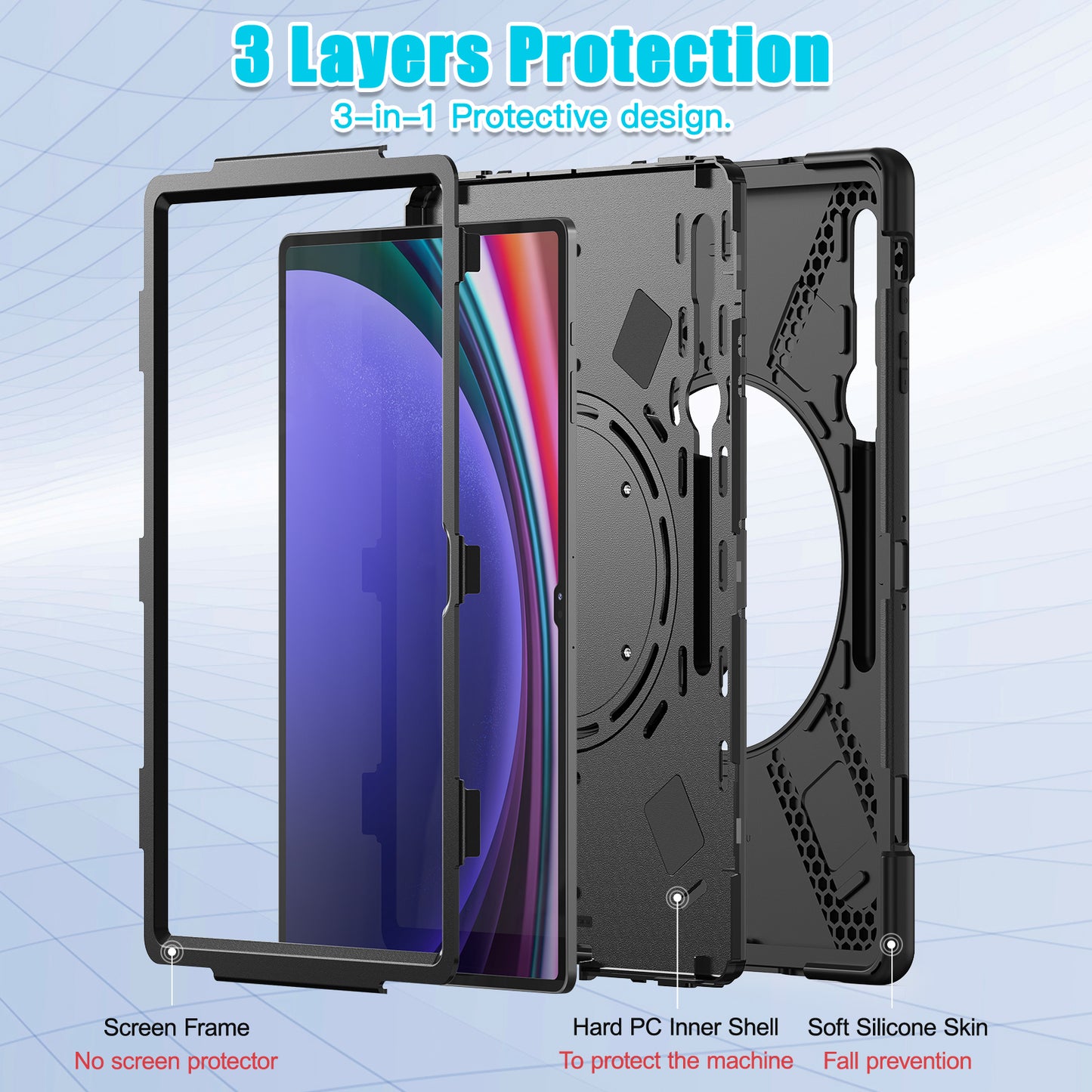 For Samsung Galaxy Tab S9 Ultra X910 / S8 Ultra X900 / X906 PC+ Silicone Tablet Case Drop-proof Rotating Kickstand Cover