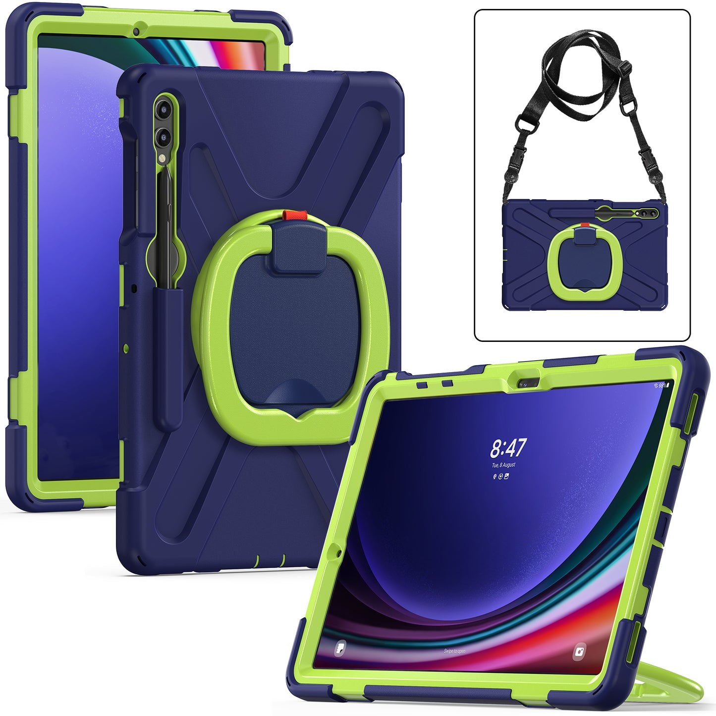 For Samsung Samsung Galaxy Tab S9 FE+ / S9+ / S8+ / S7+ Kickstand Tablet Case Shockproof PC+Silicone Cover, Shoulder Strap