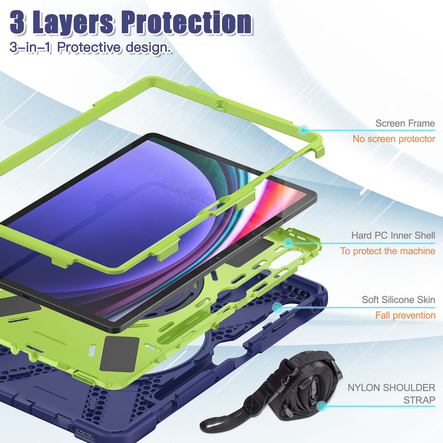 For Samsung Samsung Galaxy Tab S9 FE+ / S9+ / S8+ / S7+ Kickstand Tablet Case Shockproof PC+Silicone Cover, Shoulder Strap