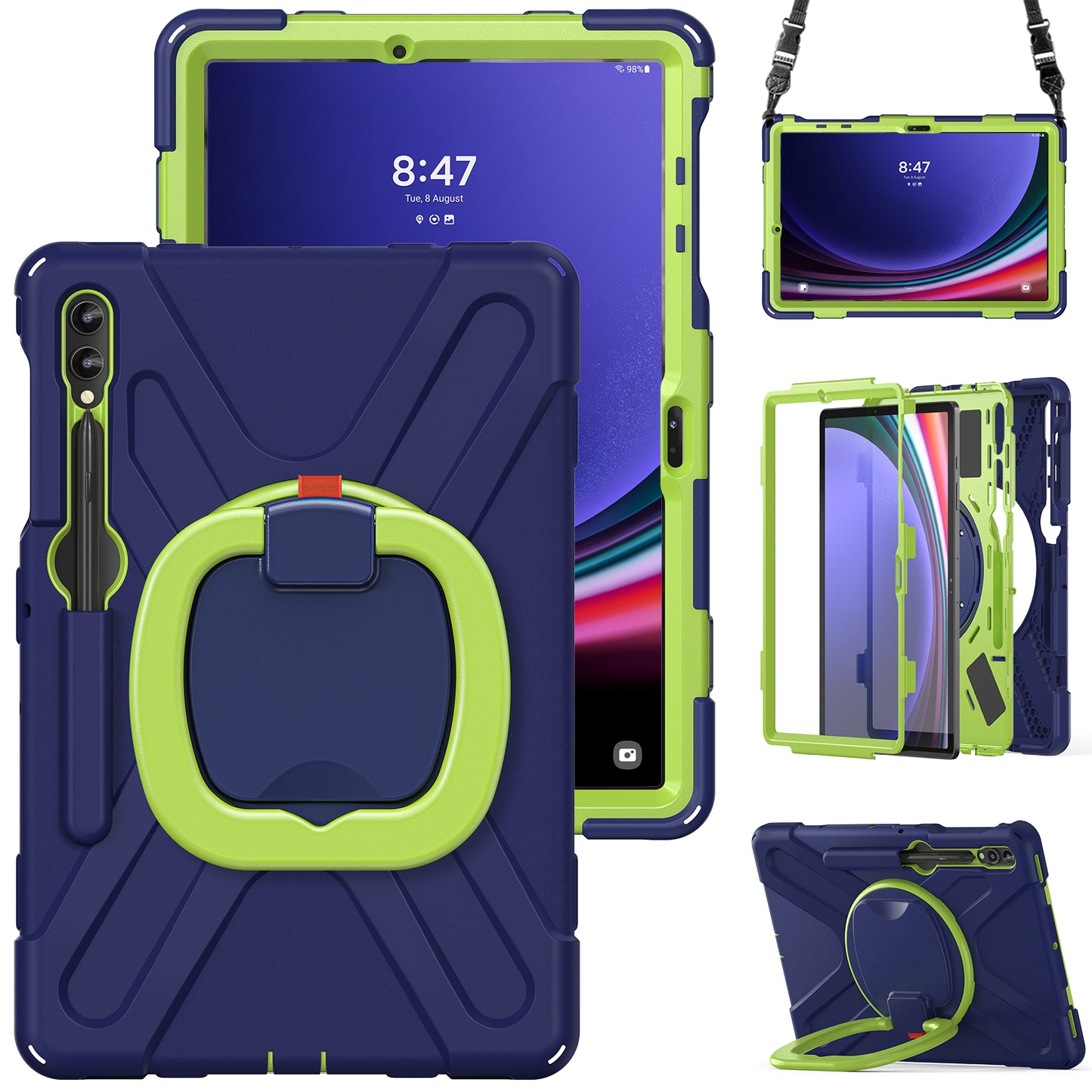 For Samsung Samsung Galaxy Tab S9 FE+ / S9+ / S8+ / S7+ Kickstand Tablet Case Shockproof PC+Silicone Cover, Shoulder Strap