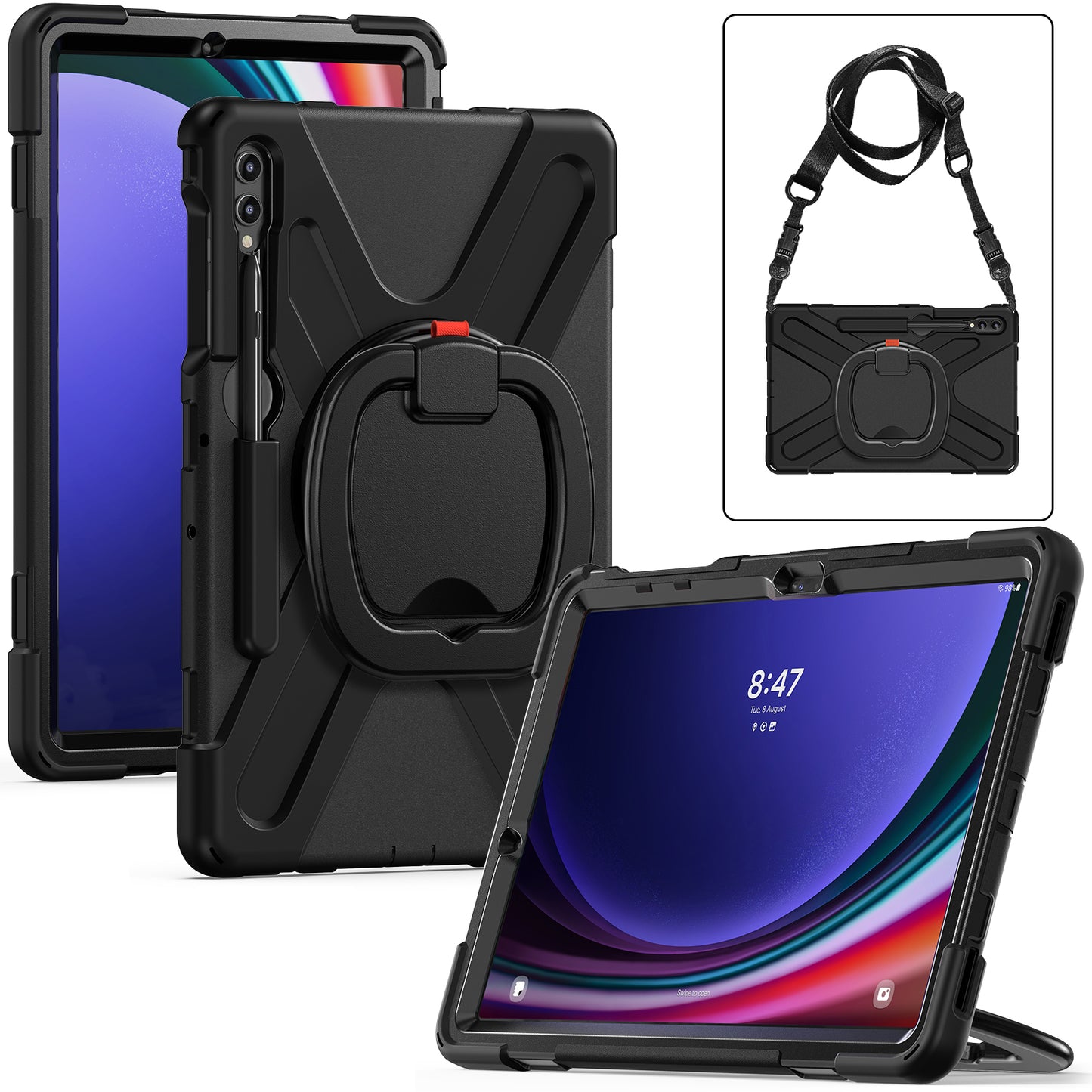 For Samsung Samsung Galaxy Tab S9 FE+ / S9+ / S8+ / S7+ Kickstand Tablet Case Shockproof PC+Silicone Cover, Shoulder Strap