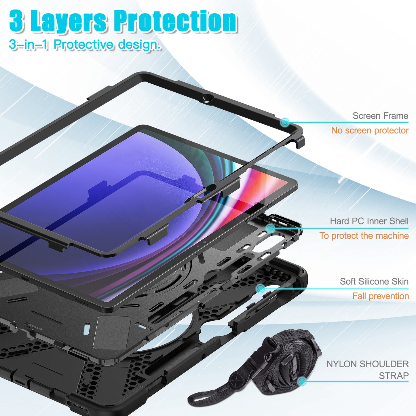 For Samsung Samsung Galaxy Tab S9 FE+ / S9+ / S8+ / S7+ Kickstand Tablet Case Shockproof PC+Silicone Cover, Shoulder Strap
