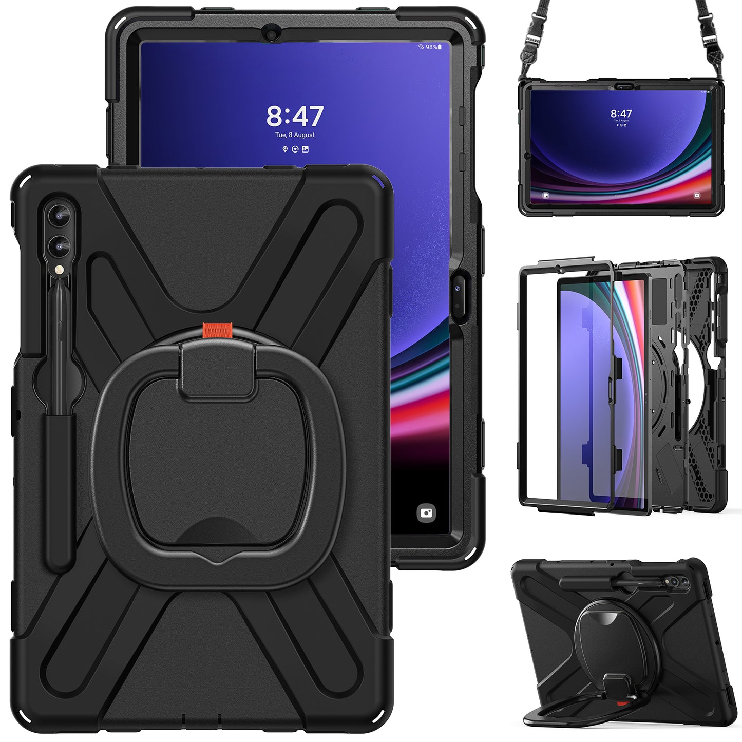 For Samsung Samsung Galaxy Tab S9 FE+ / S9+ / S8+ / S7+ Kickstand Tablet Case Shockproof PC+Silicone Cover, Shoulder Strap