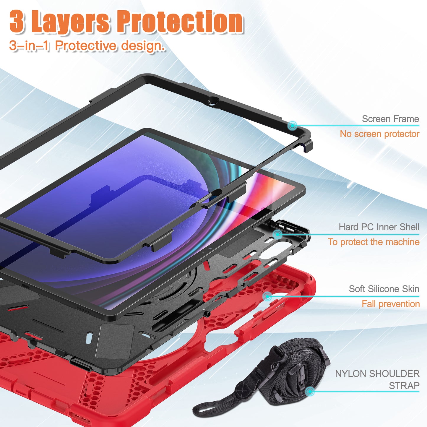 For Samsung Samsung Galaxy Tab S9 FE+ / S9+ / S8+ / S7+ Kickstand Tablet Case Shockproof PC+Silicone Cover, Shoulder Strap