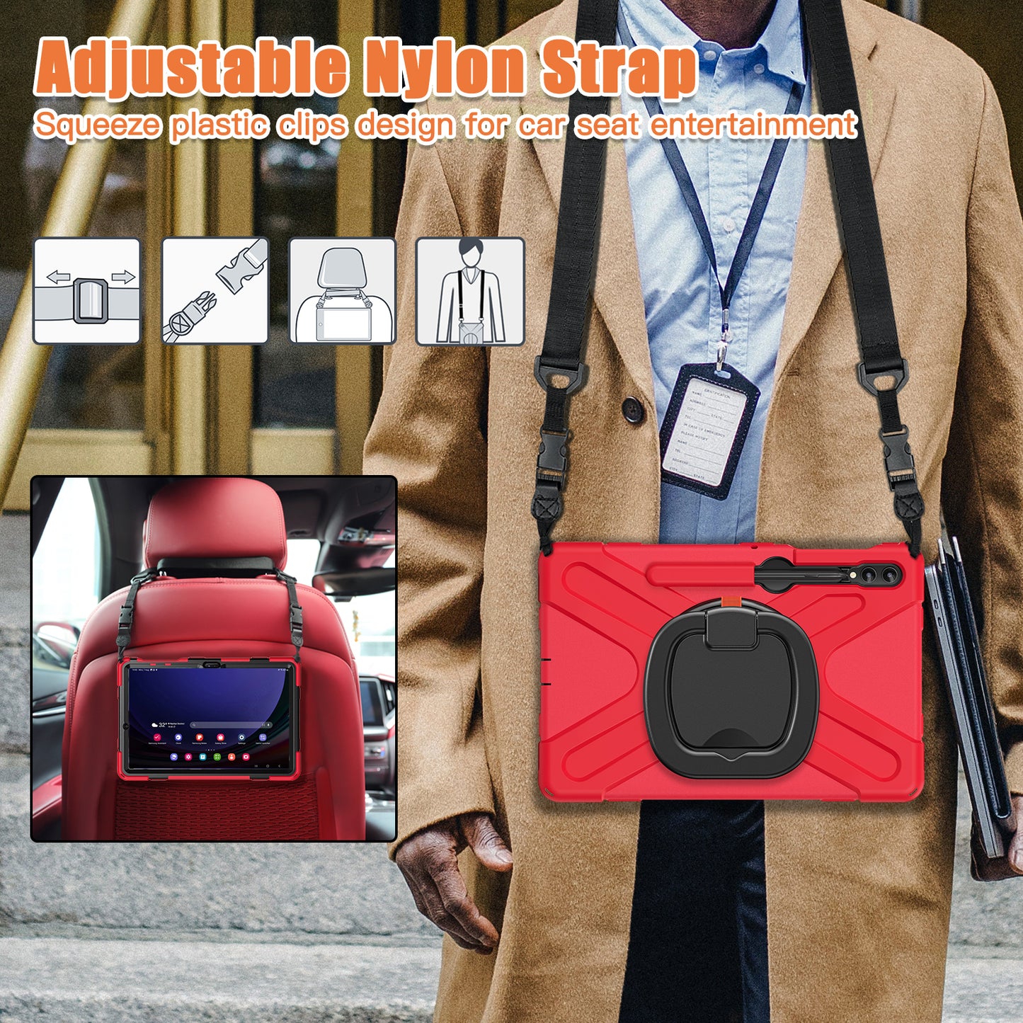 For Samsung Samsung Galaxy Tab S9 FE+ / S9+ / S8+ / S7+ Kickstand Tablet Case Shockproof PC+Silicone Cover, Shoulder Strap