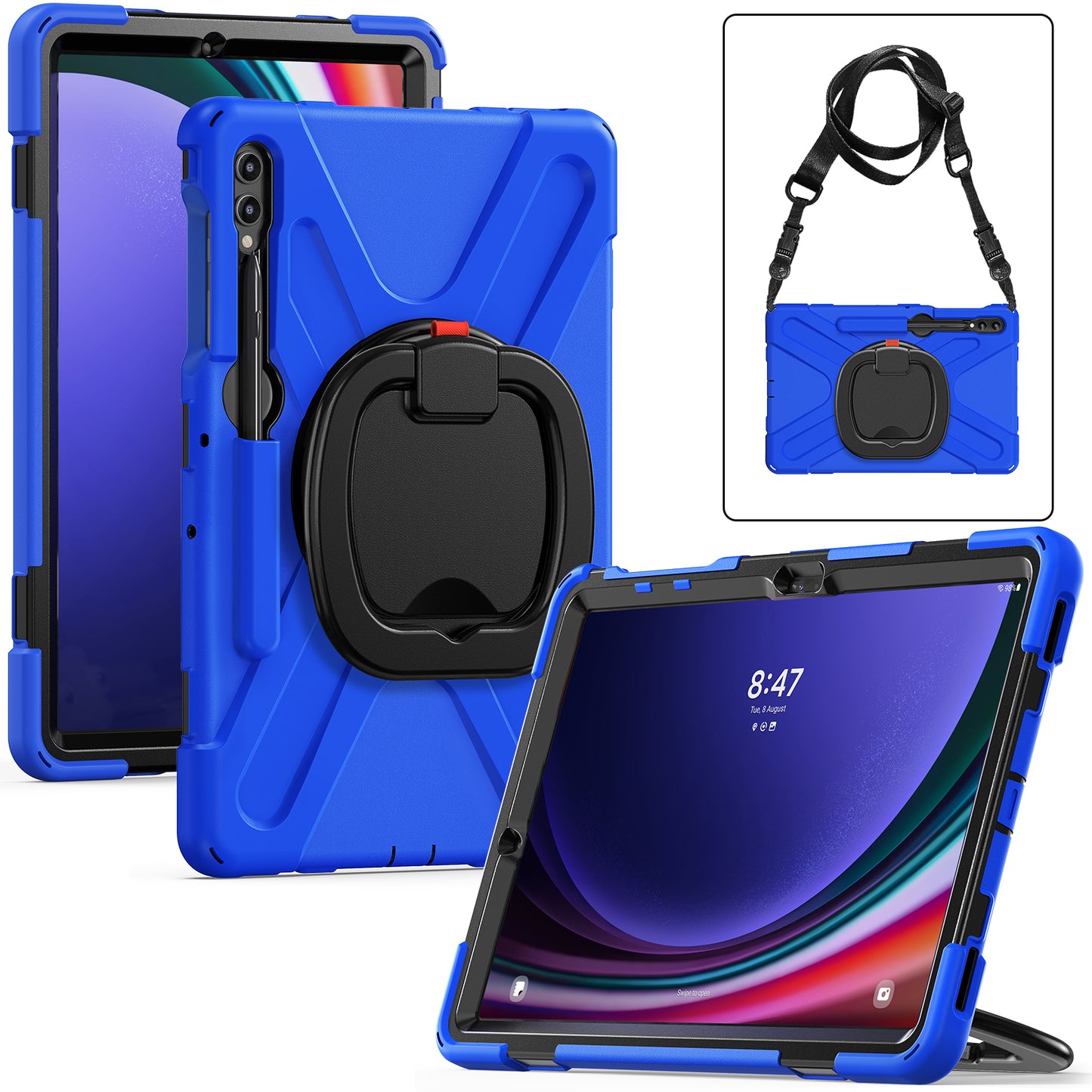 For Samsung Samsung Galaxy Tab S9 FE+ / S9+ / S8+ / S7+ Kickstand Tablet Case Shockproof PC+Silicone Cover, Shoulder Strap