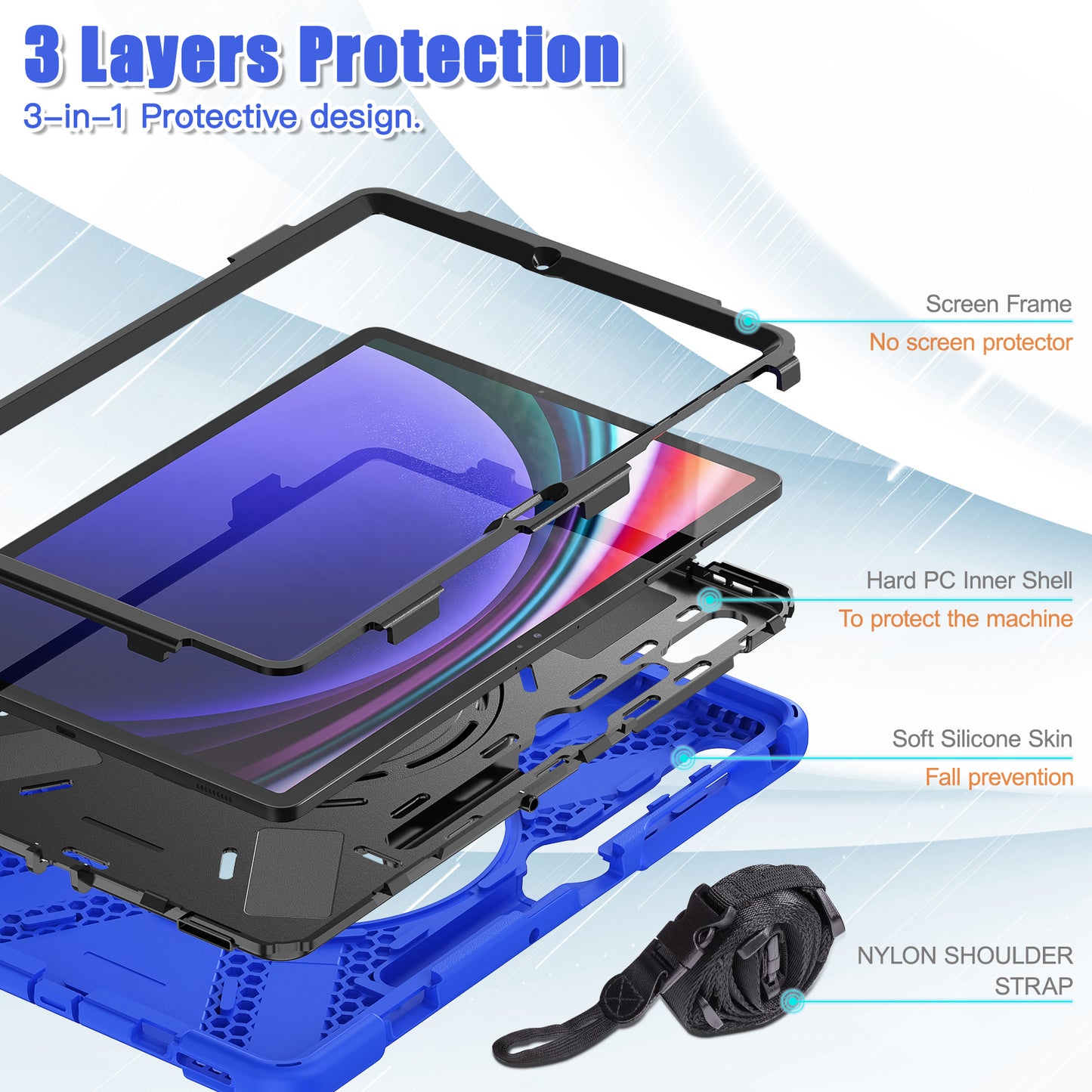 For Samsung Samsung Galaxy Tab S9 FE+ / S9+ / S8+ / S7+ Kickstand Tablet Case Shockproof PC+Silicone Cover, Shoulder Strap