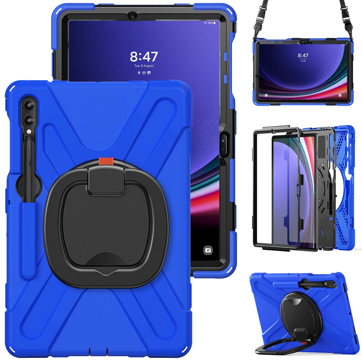 For Samsung Samsung Galaxy Tab S9 FE+ / S9+ / S8+ / S7+ Kickstand Tablet Case Shockproof PC+Silicone Cover, Shoulder Strap