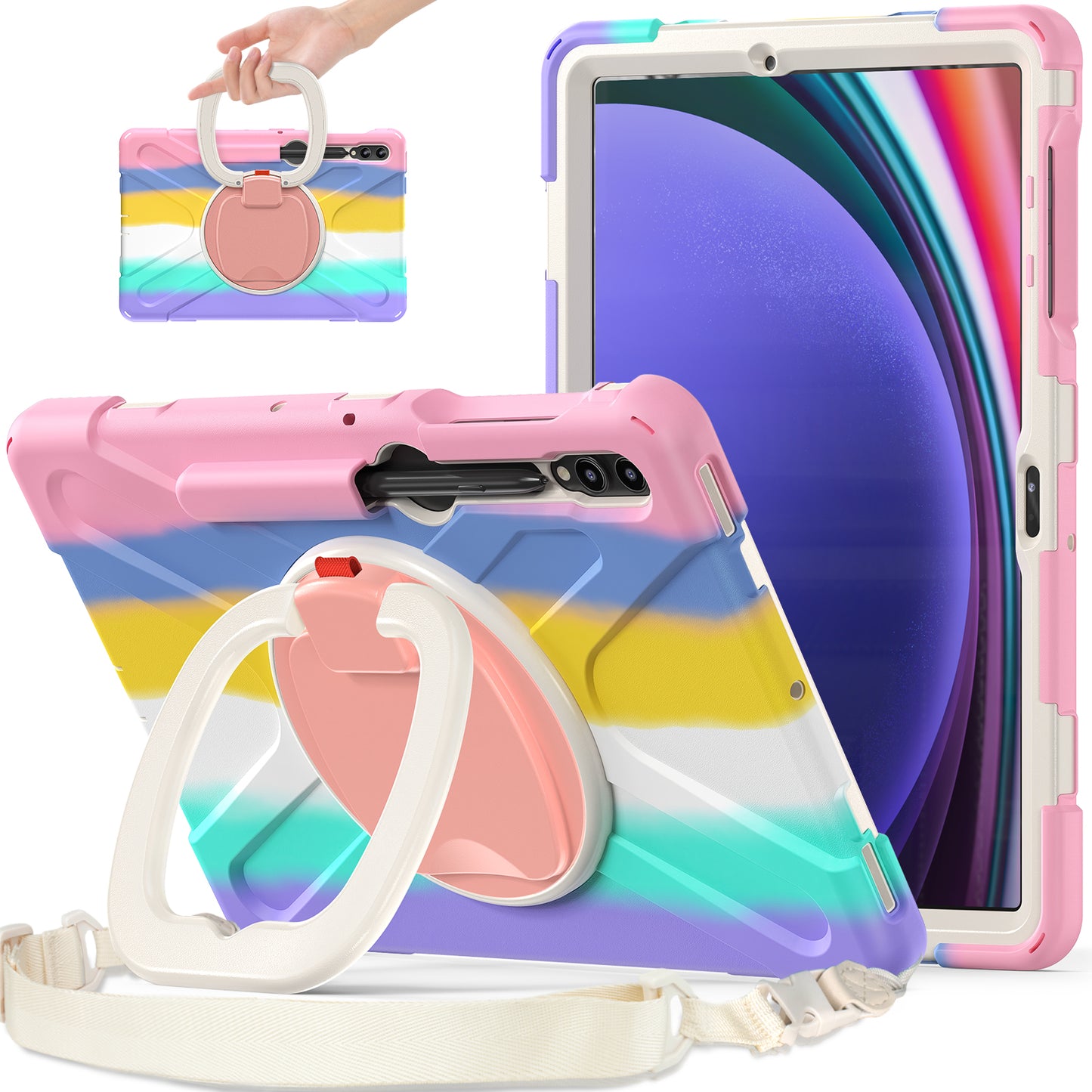 For Samsung Samsung Galaxy Tab S9 FE+ / S9+ / S8+ / S7+ Kickstand Tablet Case Shockproof PC+Silicone Cover, Shoulder Strap