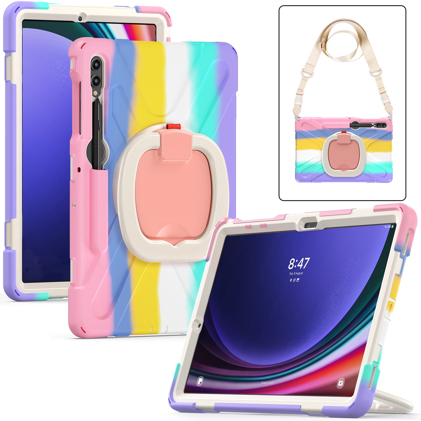 For Samsung Samsung Galaxy Tab S9 FE+ / S9+ / S8+ / S7+ Kickstand Tablet Case Shockproof PC+Silicone Cover, Shoulder Strap