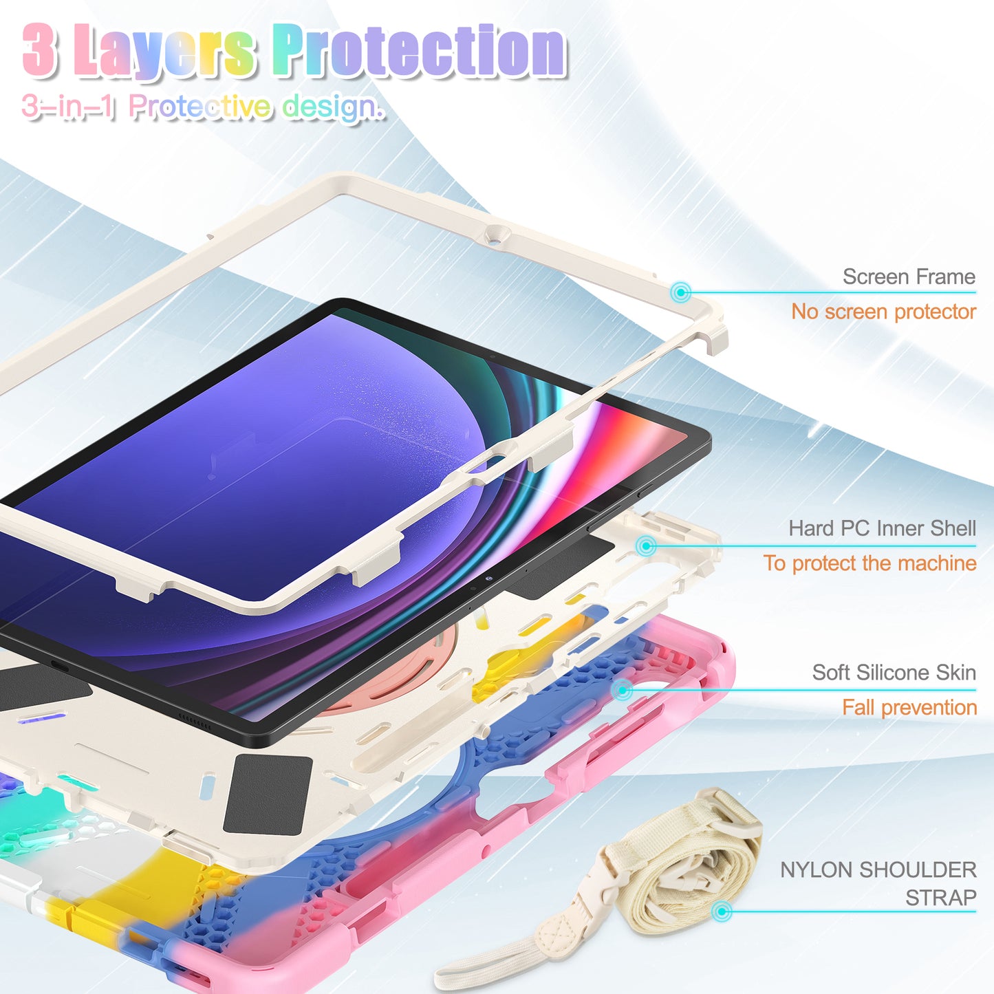 For Samsung Samsung Galaxy Tab S9 FE+ / S9+ / S8+ / S7+ Kickstand Tablet Case Shockproof PC+Silicone Cover, Shoulder Strap
