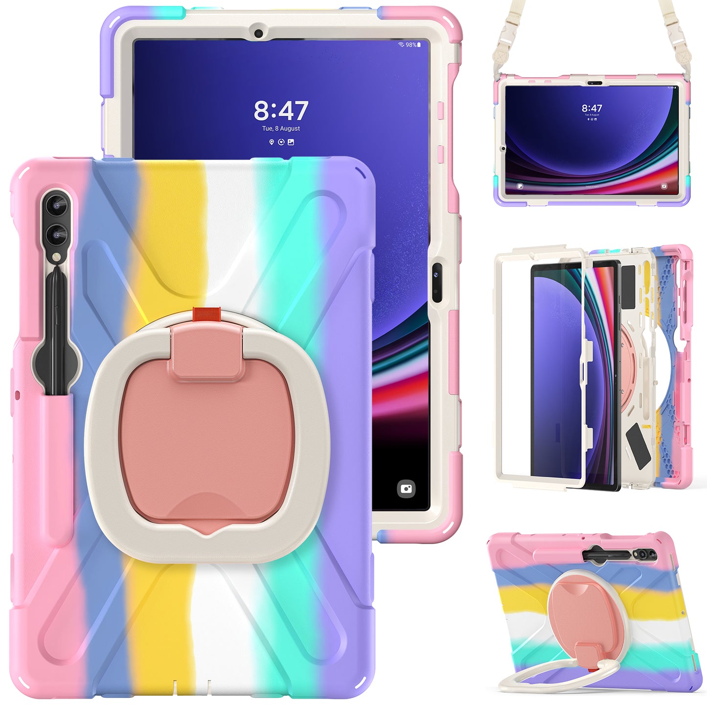 For Samsung Samsung Galaxy Tab S9 FE+ / S9+ / S8+ / S7+ Kickstand Tablet Case Shockproof PC+Silicone Cover, Shoulder Strap