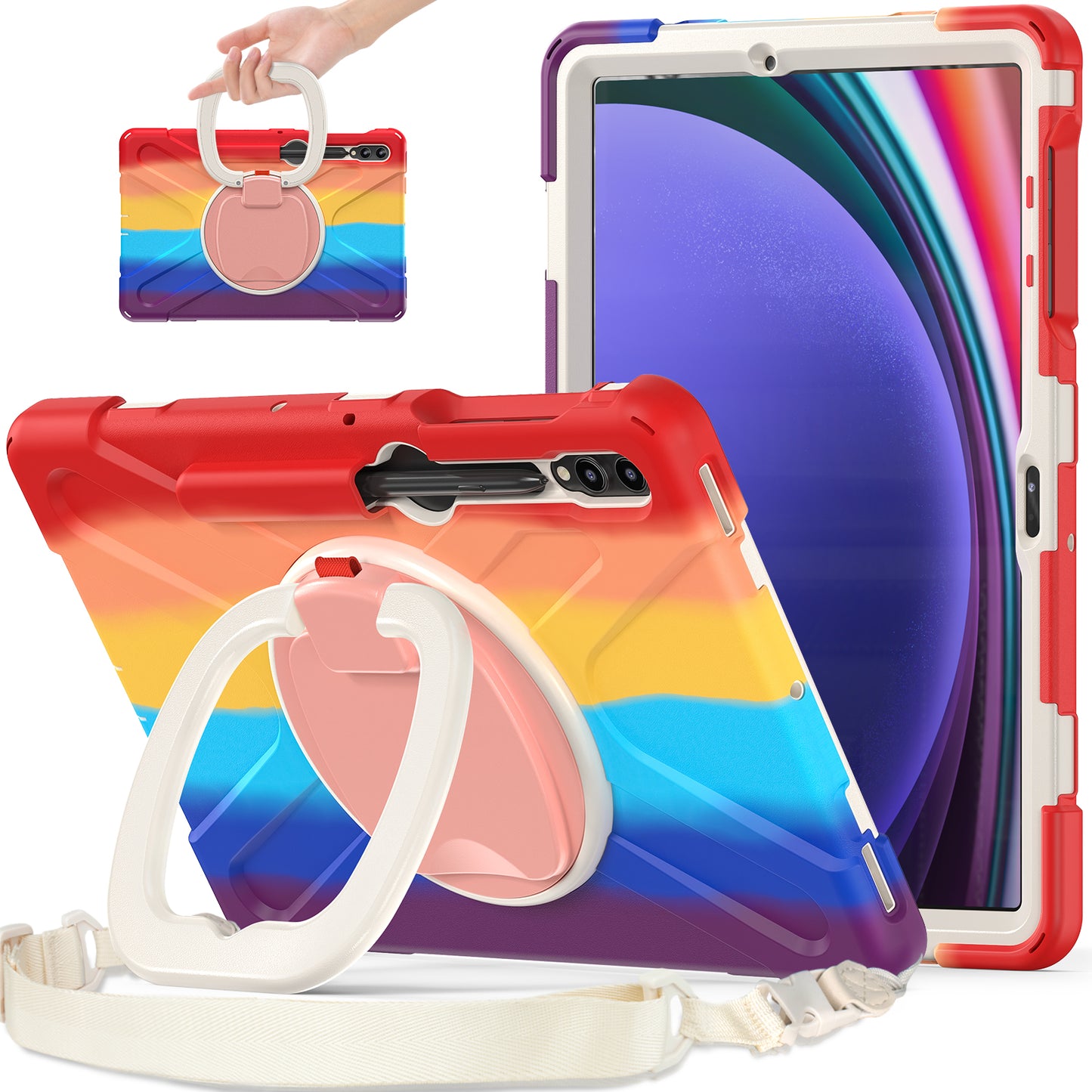 For Samsung Samsung Galaxy Tab S9 FE+ / S9+ / S8+ / S7+ Kickstand Tablet Case Shockproof PC+Silicone Cover, Shoulder Strap