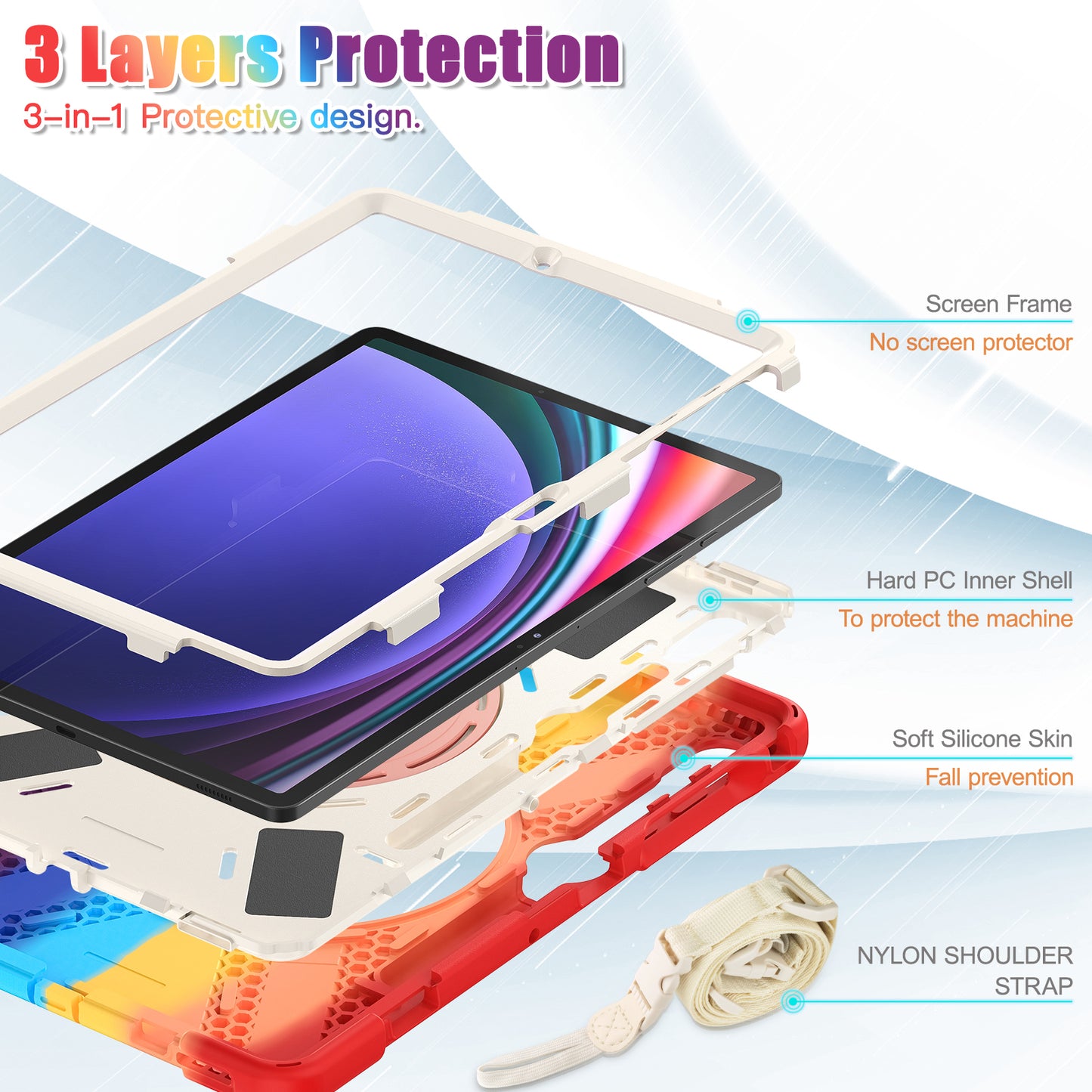 For Samsung Samsung Galaxy Tab S9 FE+ / S9+ / S8+ / S7+ Kickstand Tablet Case Shockproof PC+Silicone Cover, Shoulder Strap