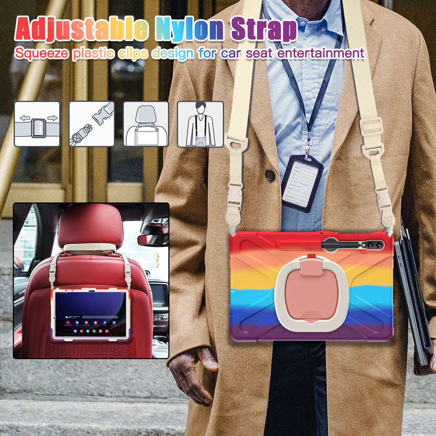 For Samsung Samsung Galaxy Tab S9 FE+ / S9+ / S8+ / S7+ Kickstand Tablet Case Shockproof PC+Silicone Cover, Shoulder Strap