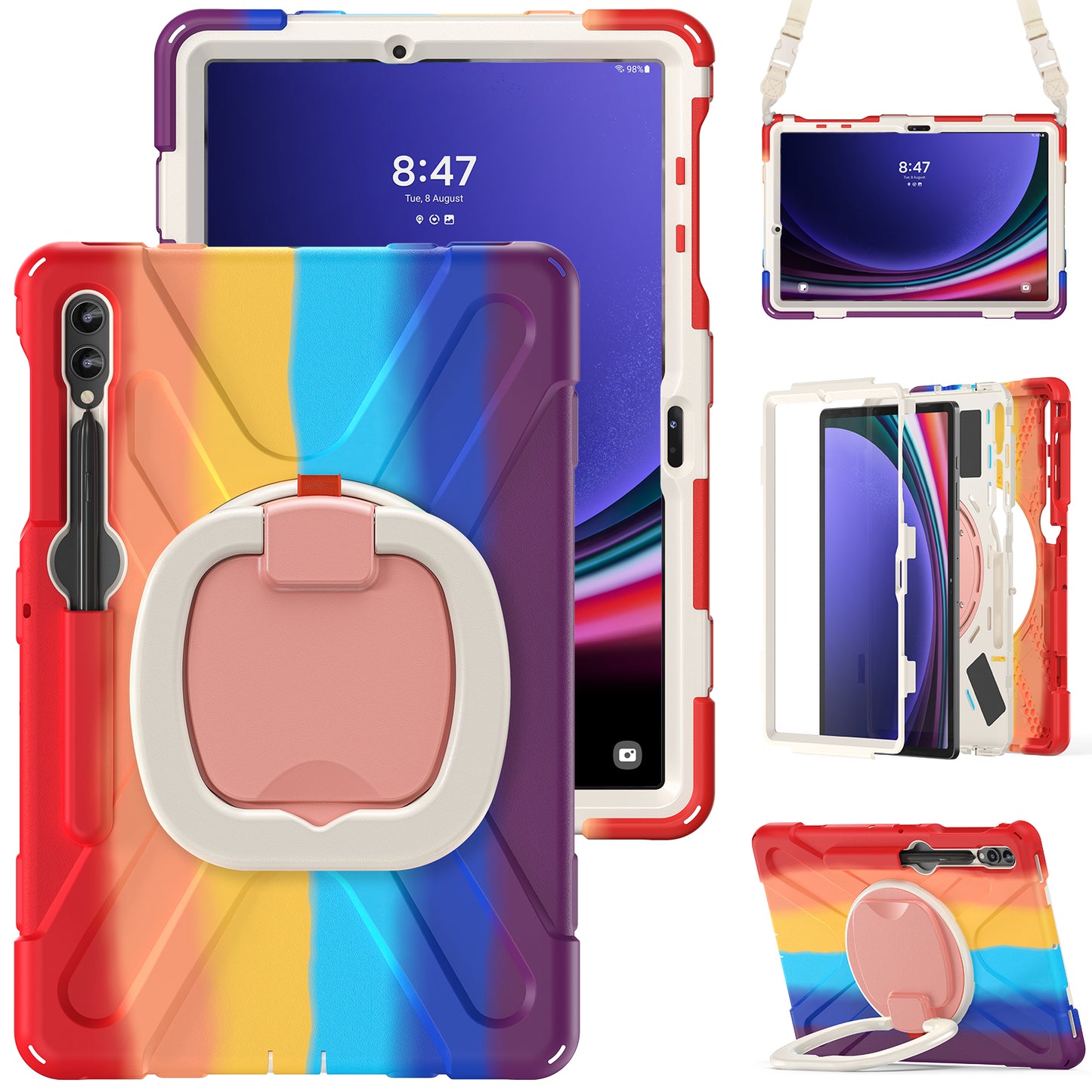 For Samsung Samsung Galaxy Tab S9 FE+ / S9+ / S8+ / S7+ Kickstand Tablet Case Shockproof PC+Silicone Cover, Shoulder Strap