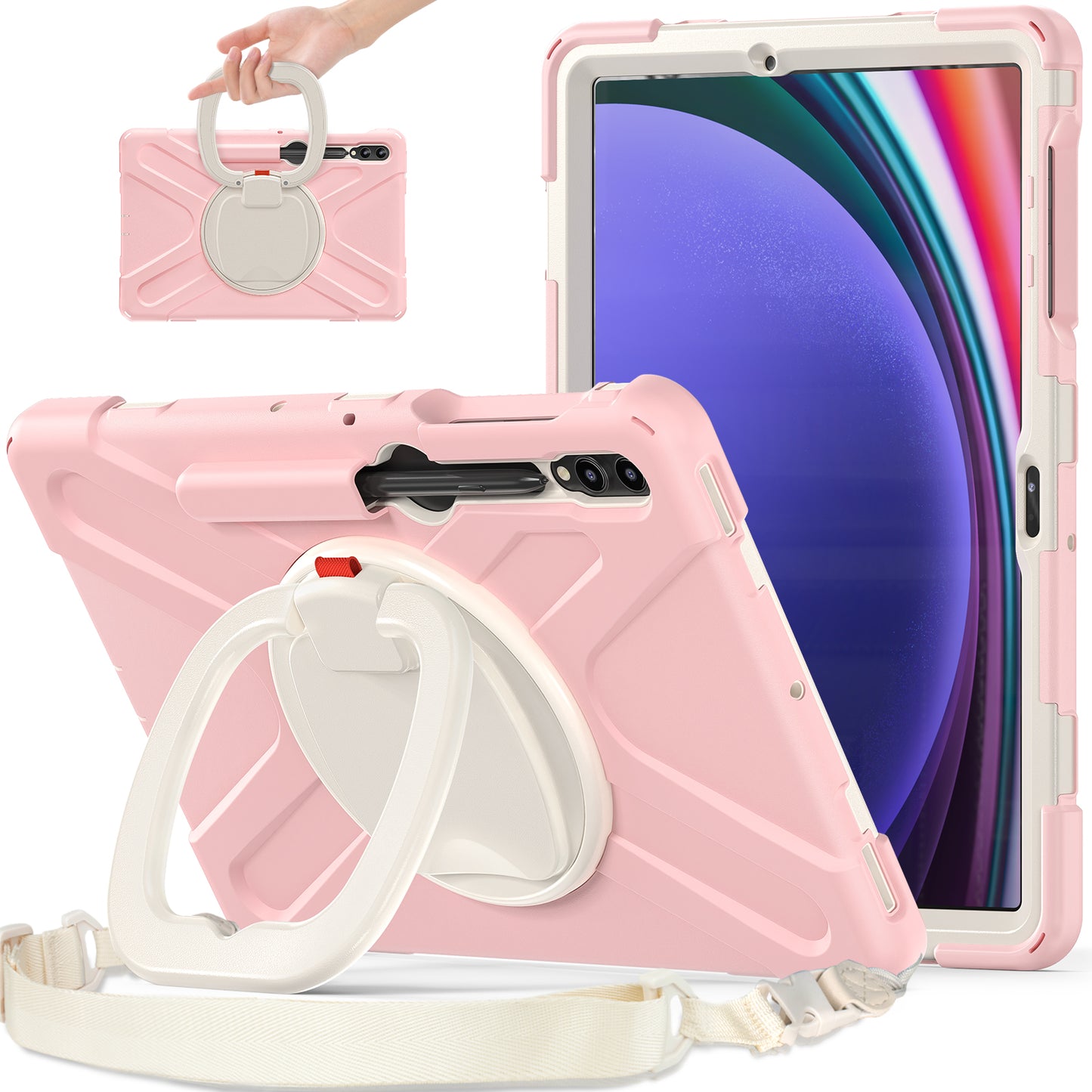 For Samsung Samsung Galaxy Tab S9 FE+ / S9+ / S8+ / S7+ Kickstand Tablet Case Shockproof PC+Silicone Cover, Shoulder Strap