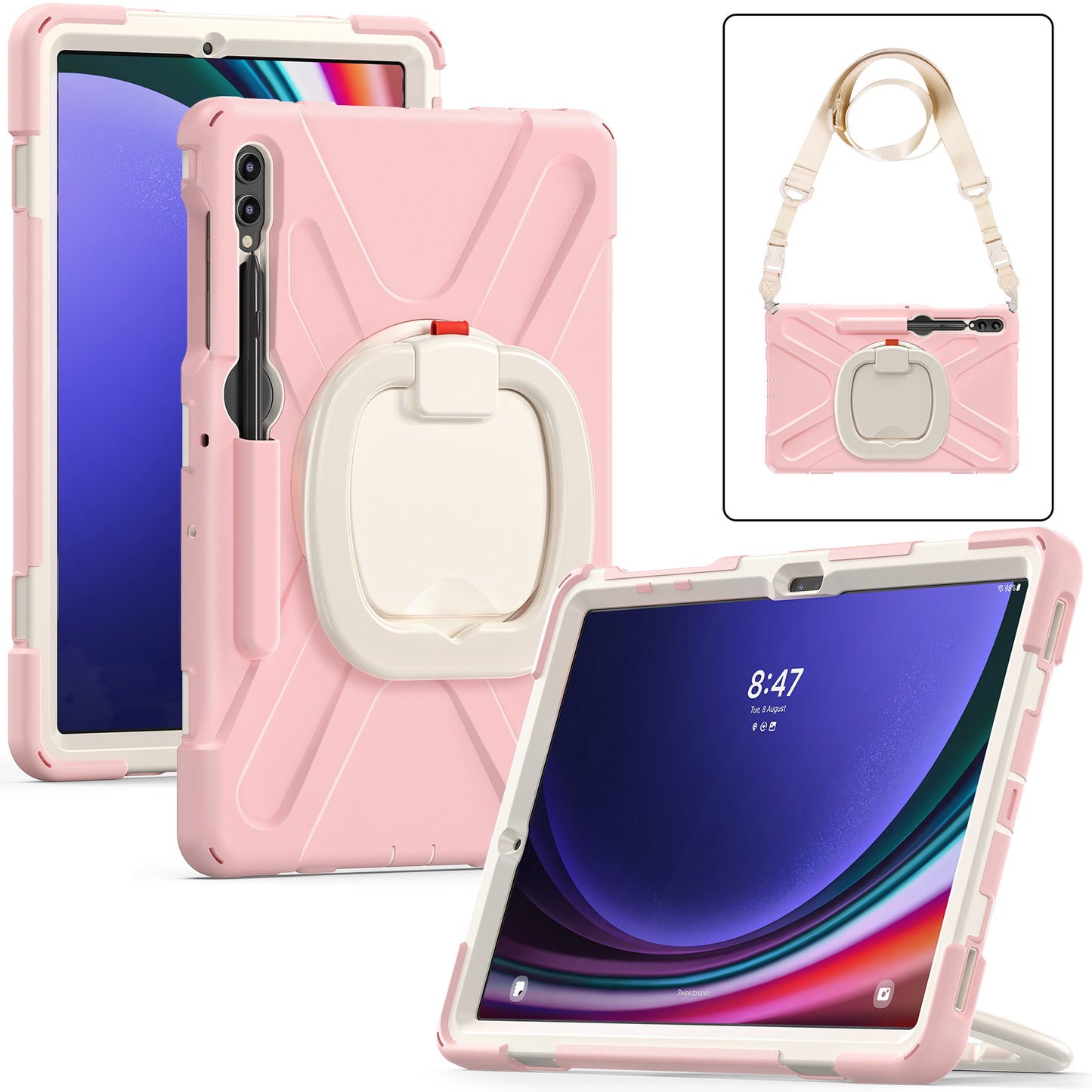 For Samsung Samsung Galaxy Tab S9 FE+ / S9+ / S8+ / S7+ Kickstand Tablet Case Shockproof PC+Silicone Cover, Shoulder Strap