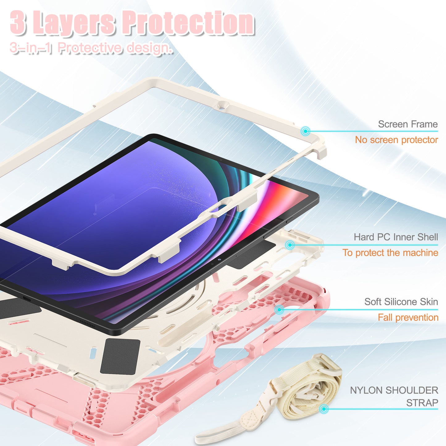 For Samsung Samsung Galaxy Tab S9 FE+ / S9+ / S8+ / S7+ Kickstand Tablet Case Shockproof PC+Silicone Cover, Shoulder Strap