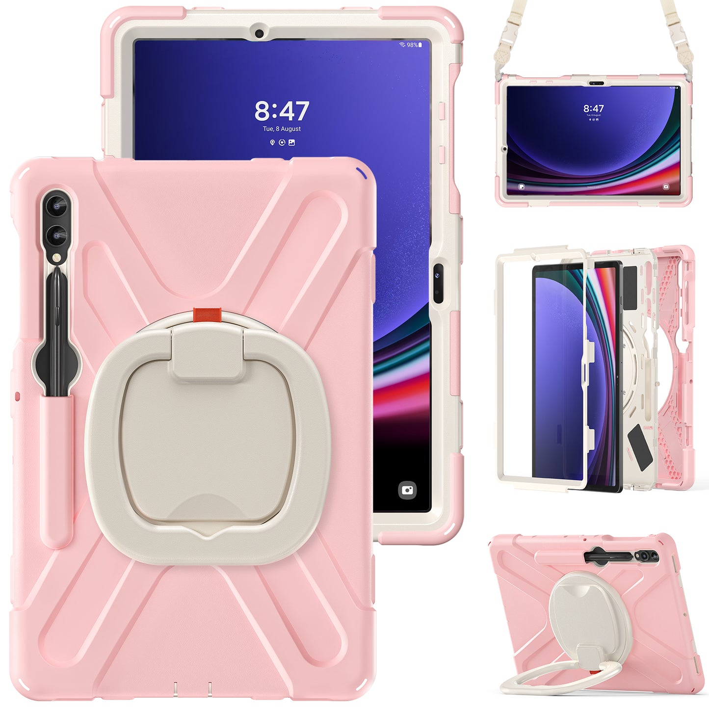 For Samsung Samsung Galaxy Tab S9 FE+ / S9+ / S8+ / S7+ Kickstand Tablet Case Shockproof PC+Silicone Cover, Shoulder Strap