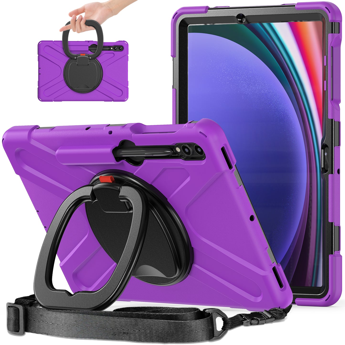 For Samsung Samsung Galaxy Tab S9 FE+ / S9+ / S8+ / S7+ Kickstand Tablet Case Shockproof PC+Silicone Cover, Shoulder Strap
